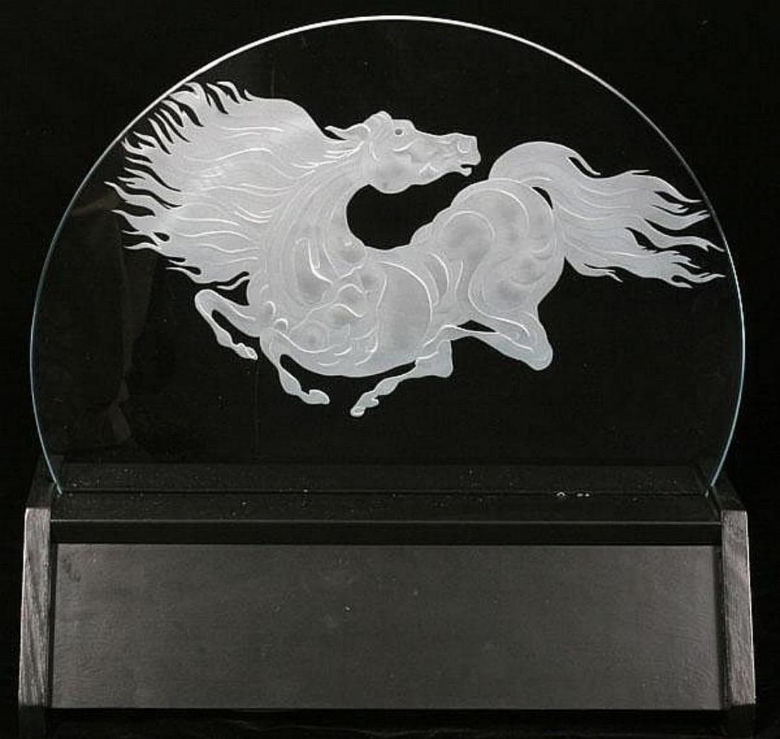 Guillaume Azoulay- Limited edition Hand sand blasted on Starfire, crystal glass: Artist: Guillaume Azoulay. Medium: Limited edition Hand sand blasted on Starfire, crystal glass. Size: 20" x 20". Signature: Signed and numbered. Additional: Custom light box. Reference#: 25201.