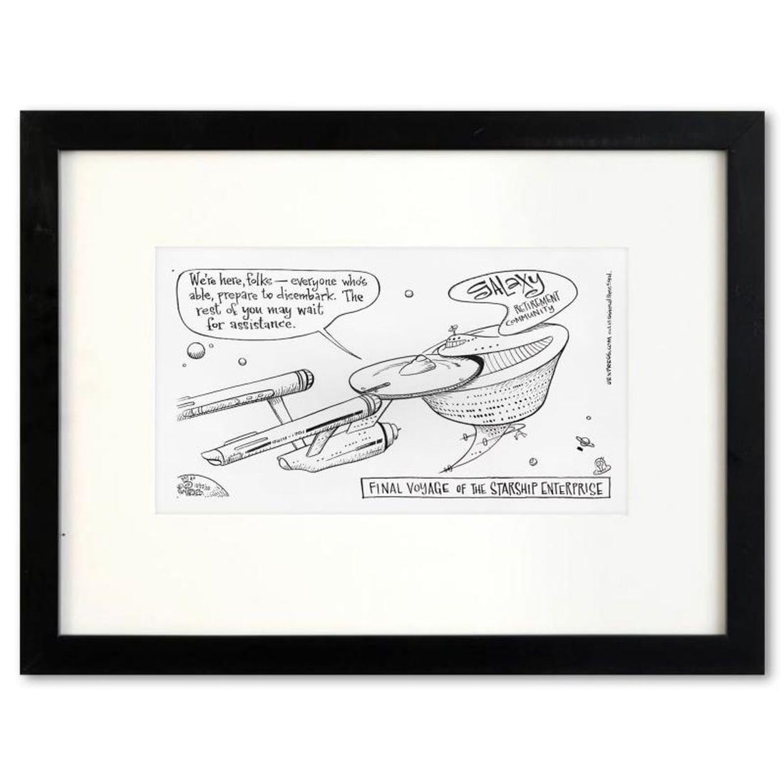 Bizarro, "Final Voyage" is a Framed Original Pen & Ink Drawing by Dan Piraro, Hand Signed with: Enter a surreal and satirical world of twisted imagination and award winning creativity. "Final Voyage" is an original pen & ink drawing on paper by Dan Piraro, creator of the critically acclaimed and