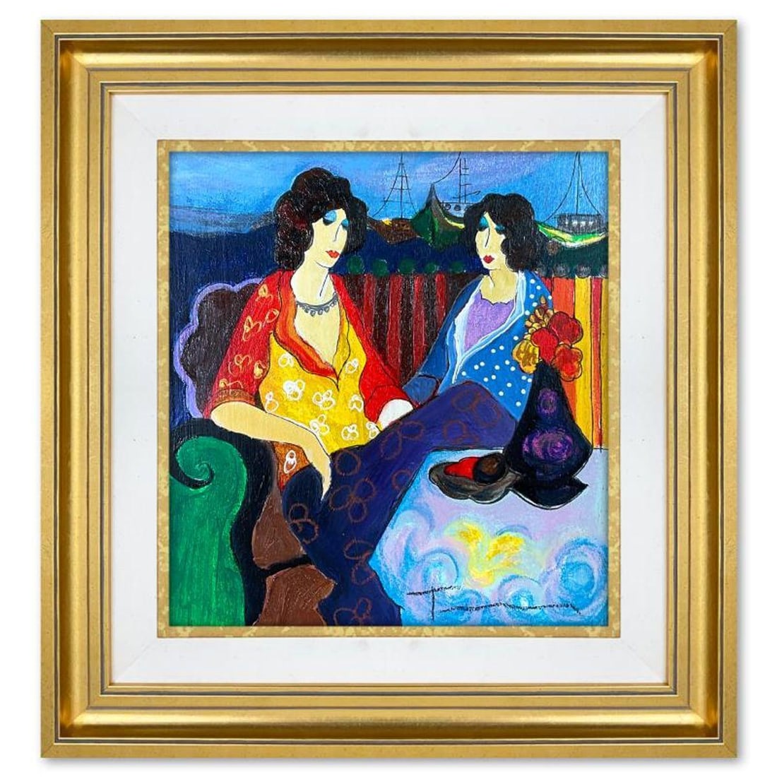 Itzchak Tarkay (1935-2012), "At the Port" Framed One-of-a-Kind Mixed Media Over Paint on Wood, Hand: At the Port is a one-of-a-kind mixed media over paint on wood by Itzchak Tarkay (1935-2012), hand signed by the artist. This piece comes custom framed. Includes Letter of Authenticity. Measures approx