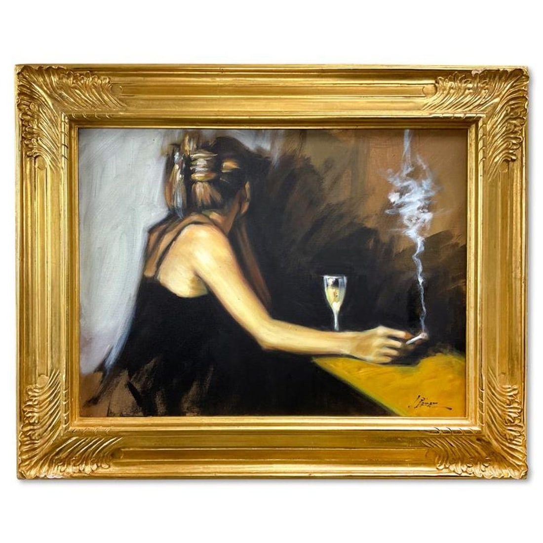 Fabian Perez, "In the Bar" Framed Original Oil Painting on Canvas, Hand Signed with Letter of: In the Bar is an original oil painting on canvas, hand signed by Fabian Perez. This piece comes framed. Includes Letter of Authenticity. Measures approx. 25.5" x 31.5" (frame), 17.5" x 23.5" (image). 