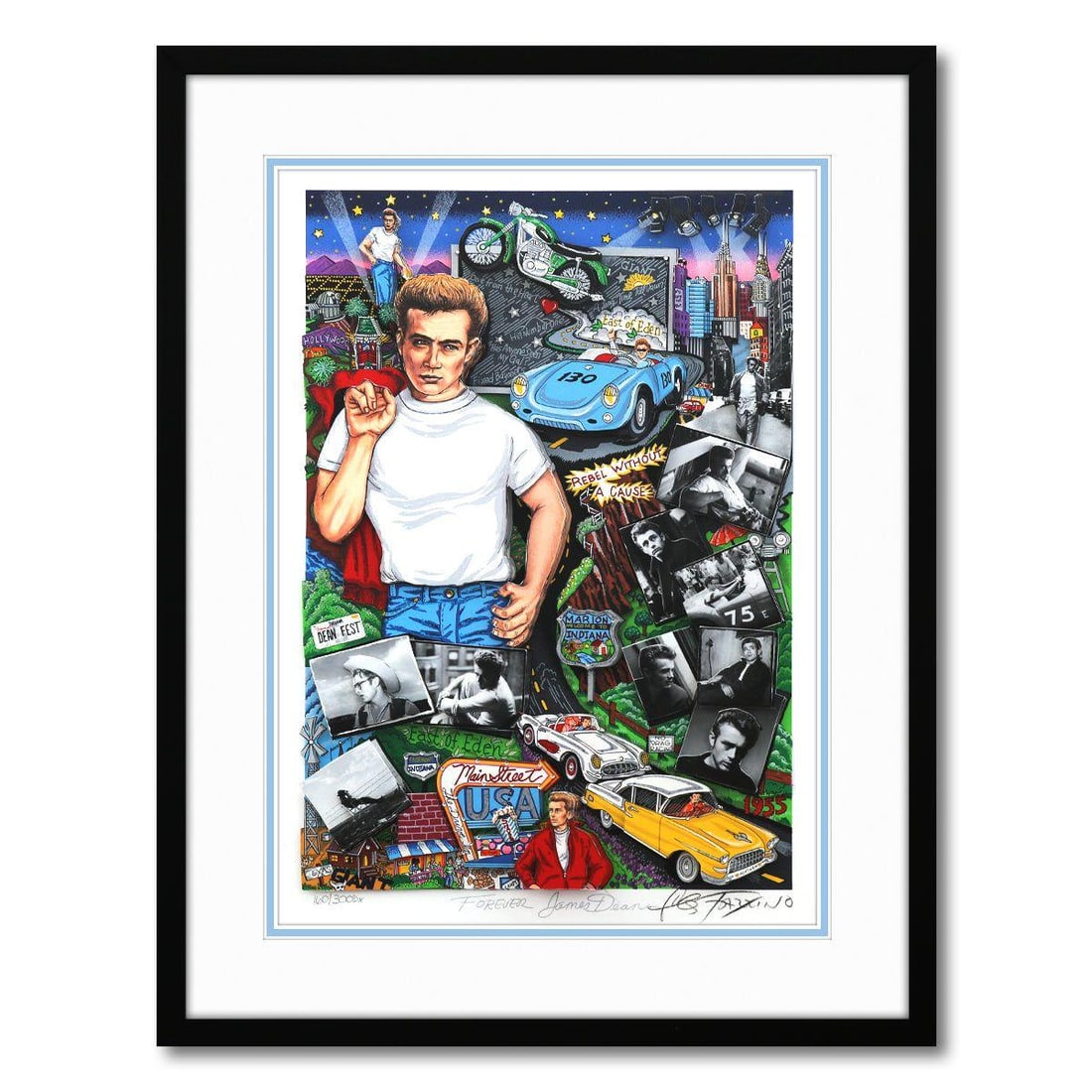 Charles Fazzino- 3D Construction Silkscreen Serigraph "Forever James Dean": Artist: Charles Fazzino. Medium: 3D Construction Silkscreen Serigraph. Title: Forever James Dean. Size: 20" x 15". Measures approx. 27" x 21" (framed). Signature: Hand Signed and Numbered. Certificate
