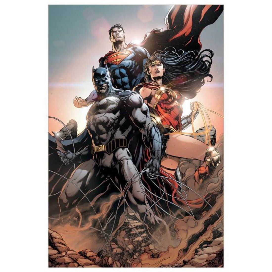 DC Comics, "Trinity #1" Numbered Limited Edition Giclee on Canvas by Jason Fabok with COA.: Trinity #1 is a limited edition giclee on canvas featuring variant cover art by Jason Fabok from the 2016 comic. This piece comes gallery wrapped and includes a certificate of authenticity. Measures a