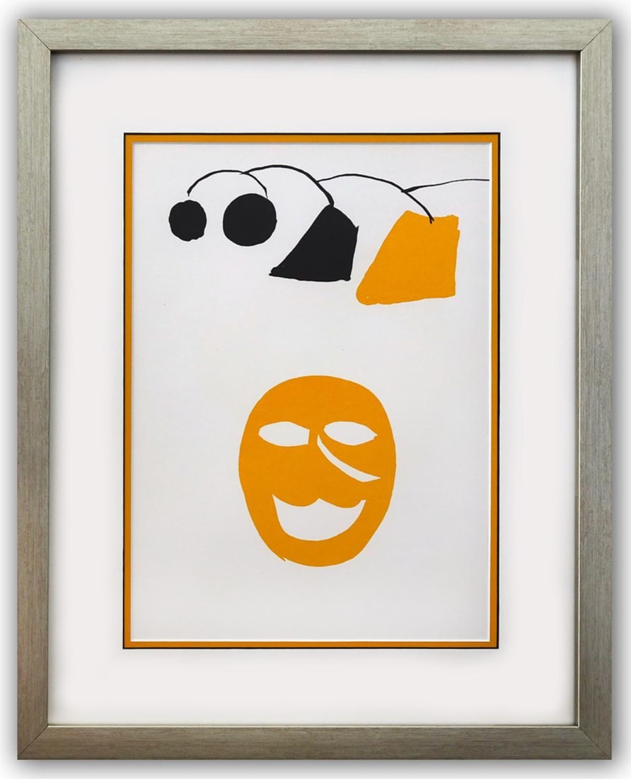 Alexander Calder- Lithograph "DLM221 - Masque jaune": Artist: Alexander Calder. Medium: Lithograph. Title: DLM221 - Masque jaune. Size: 15" x 11". Measures approx. 23" x 19" (framed). Certificate of Authenticity: Is included. Additional: Custom framed.