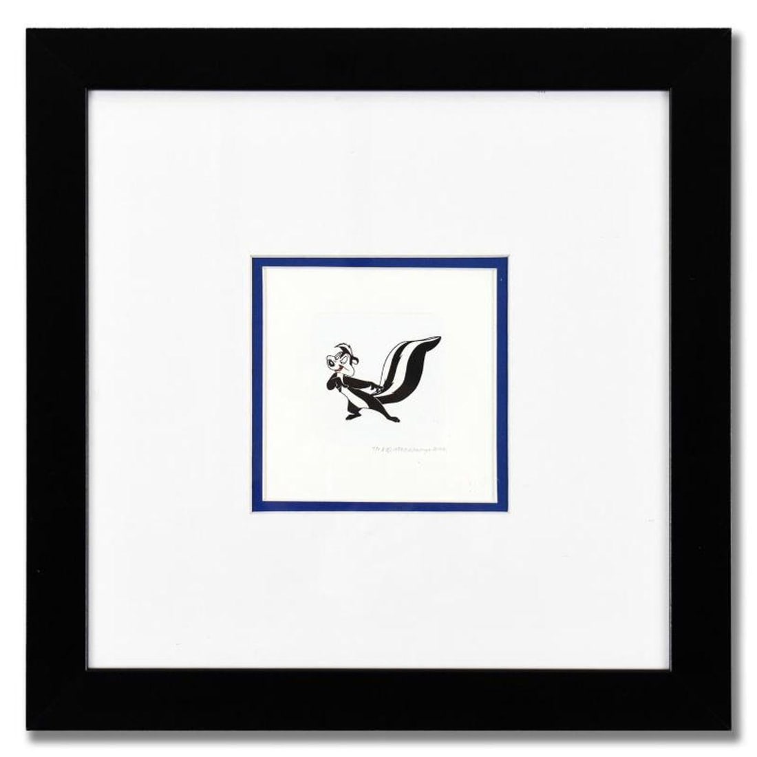 Pepe le Pew Framed Limited Edition Etching with Hand-Tinted Color Numbered with Letter of: Pepe le Pew is a limited edition etching on paper with hand-tinted coloring from Warner Bros, numbered and dated 1999. This piece comes framed. Measures approximately 14" x 14" (frame), 2.5" x 2.5" (i