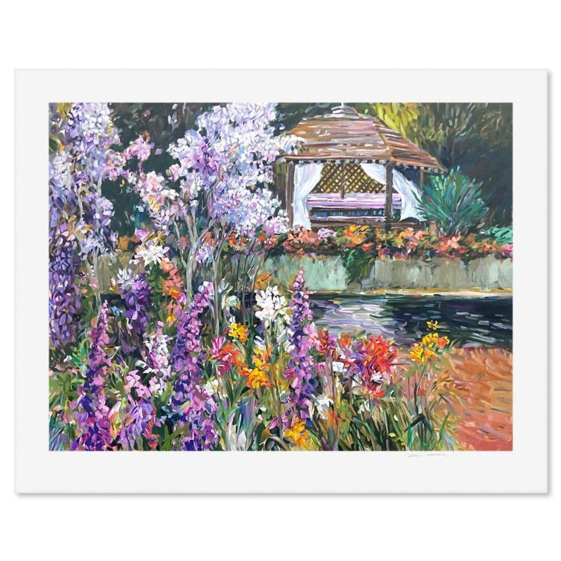 Henri Plisson (1933-2006), "The Gazebo" Limited Edition Serigraph, Numbered and Hand Signed with: The Gazebo is a limited edition serigraph on paper by Henri Plisson (1933-2006), numbered and hand signed by the artist. Includes Letter of Authenticity. Measures approx. 30.5" x 38.5" (border), 25" x