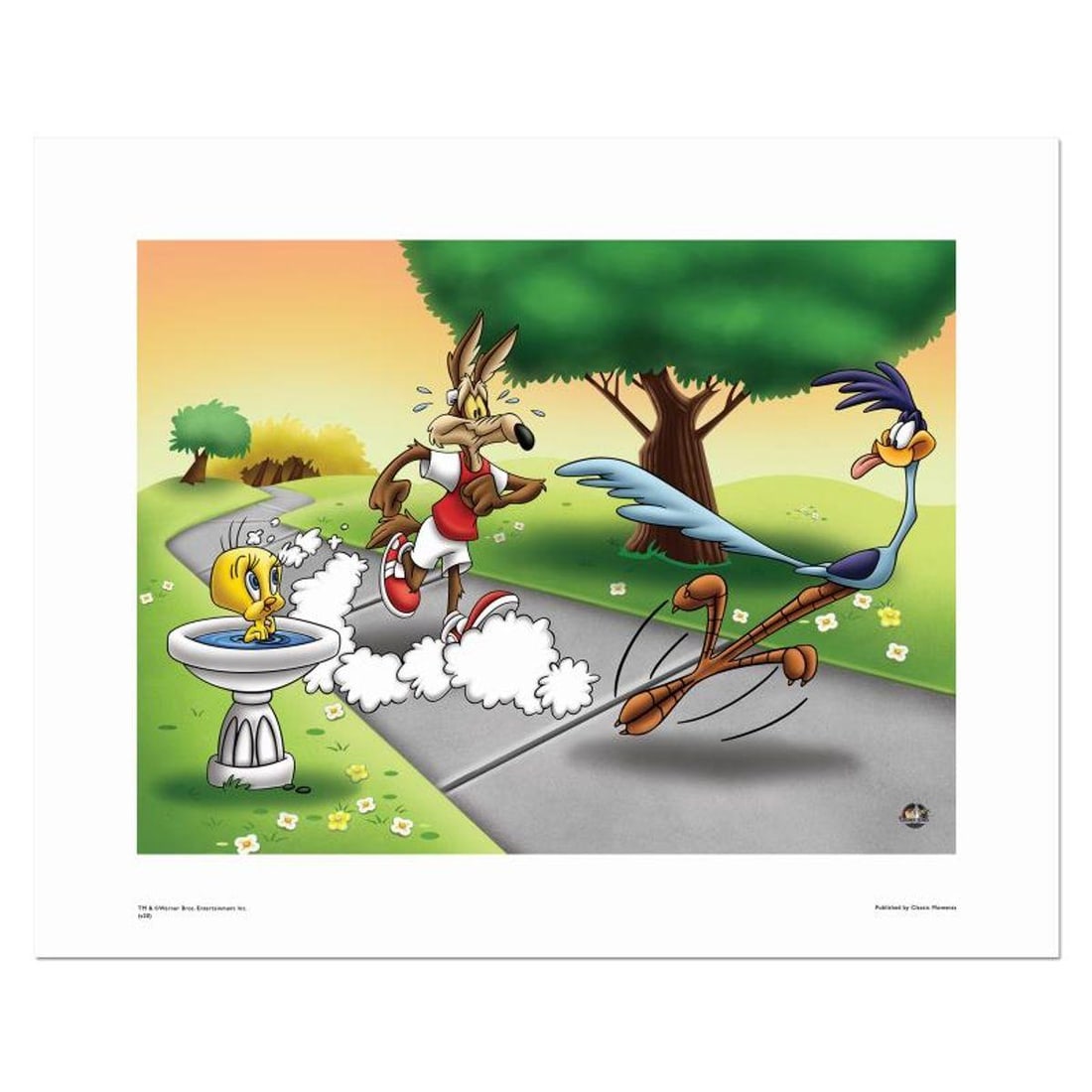 Wile E and Road Runner Race Numbered Limited Edition Giclee from Warner Bros, with Certificate of: Wile E and Road Runner Race is a limited edition giclee on paper from Warner Bros. featuring the Looney Tunes characters Wile E Coyote and Road Runner. It comes numbered, with hologram seal, and a Cer