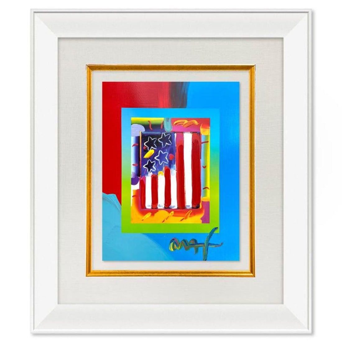 Peter Max, "Flag with Heart" Framed One-of-a-Kind Acrylic Mixed Media, Hand Signed with Registration (1 of 2)