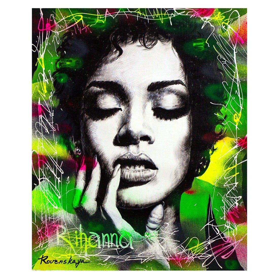 Nastya Rovenskaya- Original Oil on Canvas "Rihanna": Artist: Nastya Rovenskaya. Medium: Original Oil on Canvas. Title: Rihanna. Size: 24" x 20". Signature: Hand signed by the artist. Certificate of Authenticity: From the publisher. Reference#: 42363.