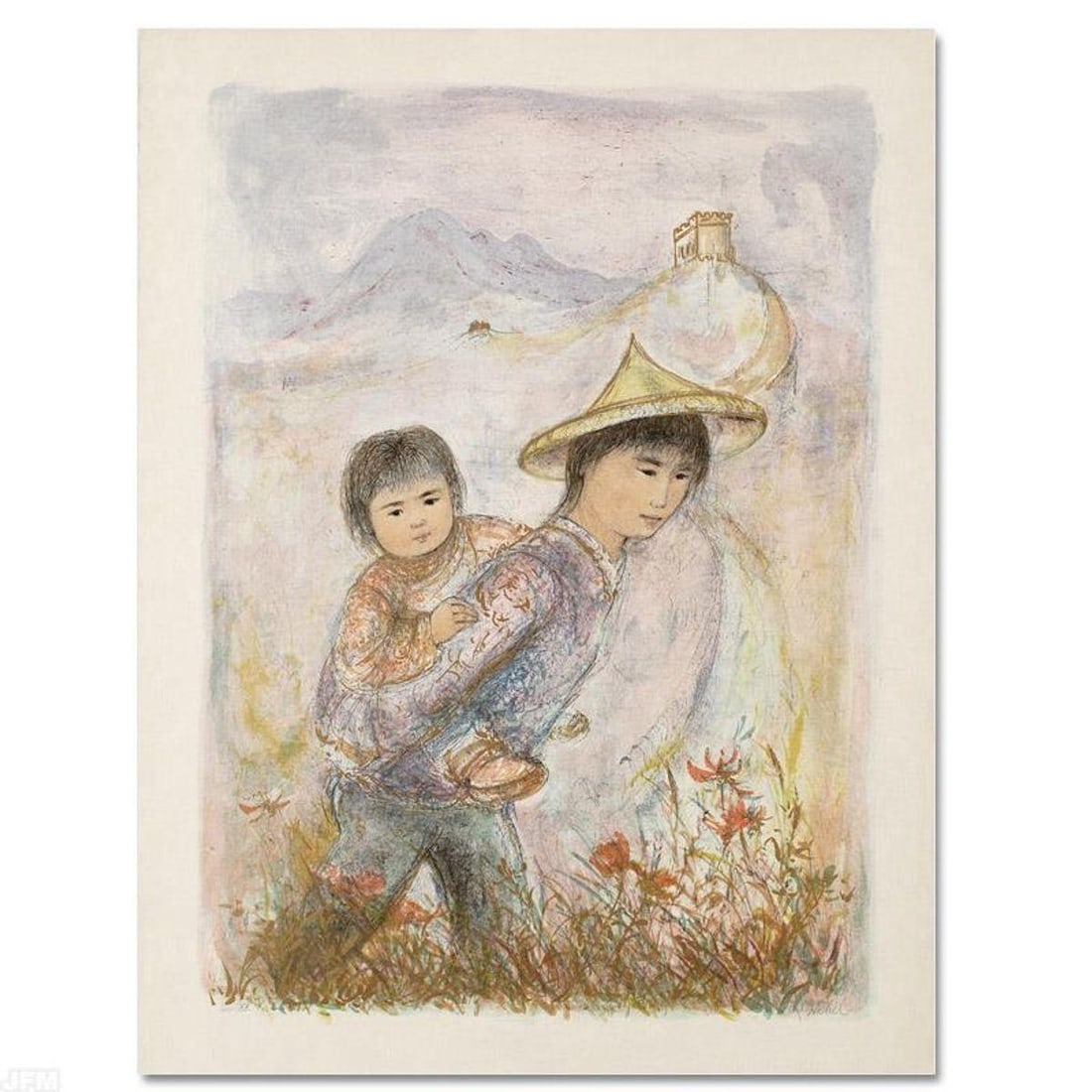 The Great Wall Limited Edition Lithograph by Edna Hibel (1917-2014), Numbered and Hand Signed with: The Great Wall is a limited edition lithograph on rice paper, numbered and hand signed by Edna Hibel (1917-2014). Includes Certificate of Authenticity! Measures approx. 22" x 30" (with border), 19" x 