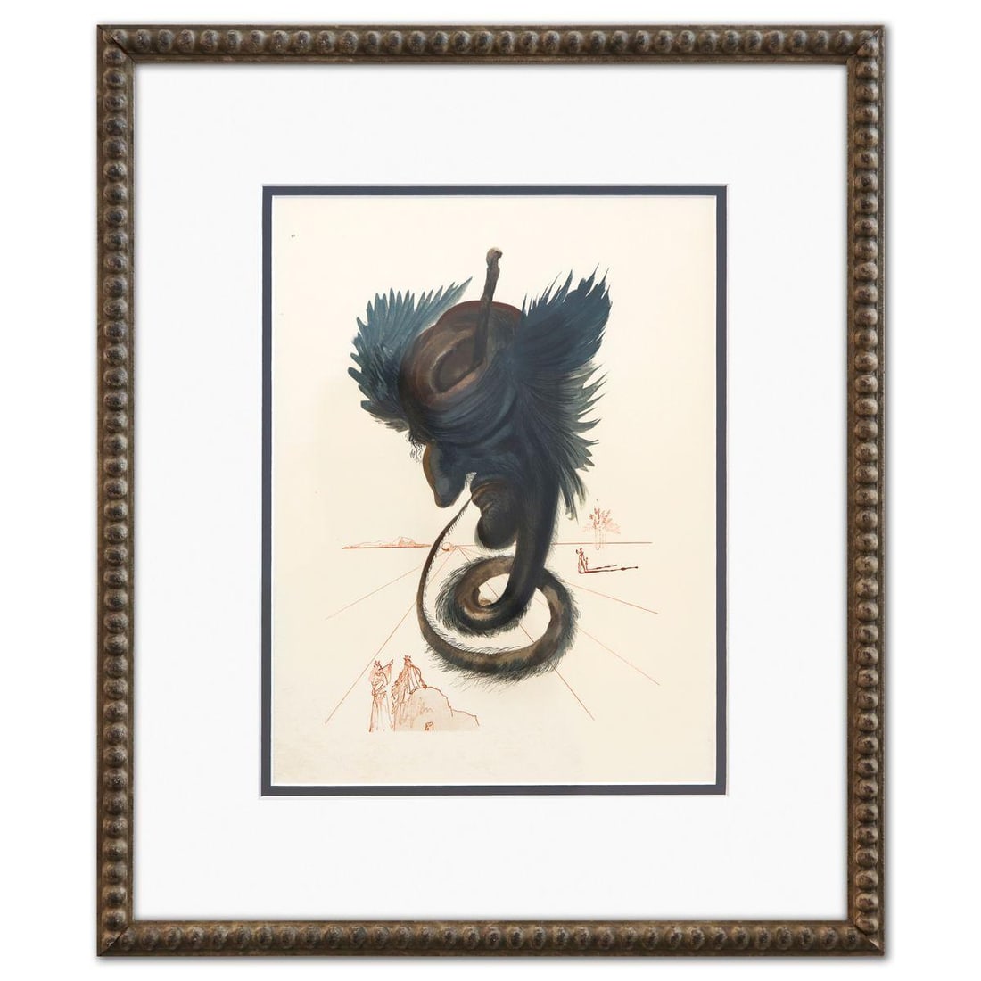 Salvador Dali- Original Color Woodcut on B.F.K. Rives Paper "Inferno 20": Artist: Salvador Dali. Medium: Original Color Woodcut on B.F.K. Rives Paper. Title: Inferno 20. Size: 13" x 10". Measures approx. 19" x 16" (framed). Certificate of Authenticity: Is included. Addition