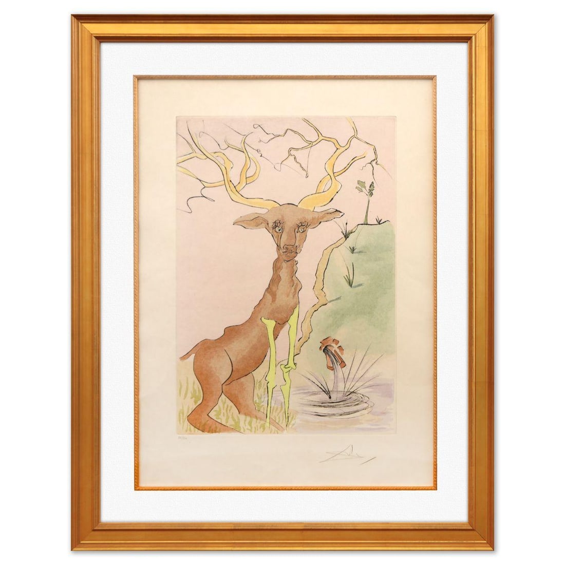 Salvador Dali- Original Lithograph "The Stag Reflected in the Water": Artist: Salvador Dali. Medium: Original Lithograph. Title: The Stag Reflected in the Water. Size: 29" x 21". Measures approx. 39" x 30" (framed). Signature: Hand signed and numbered. Certificate of Au
