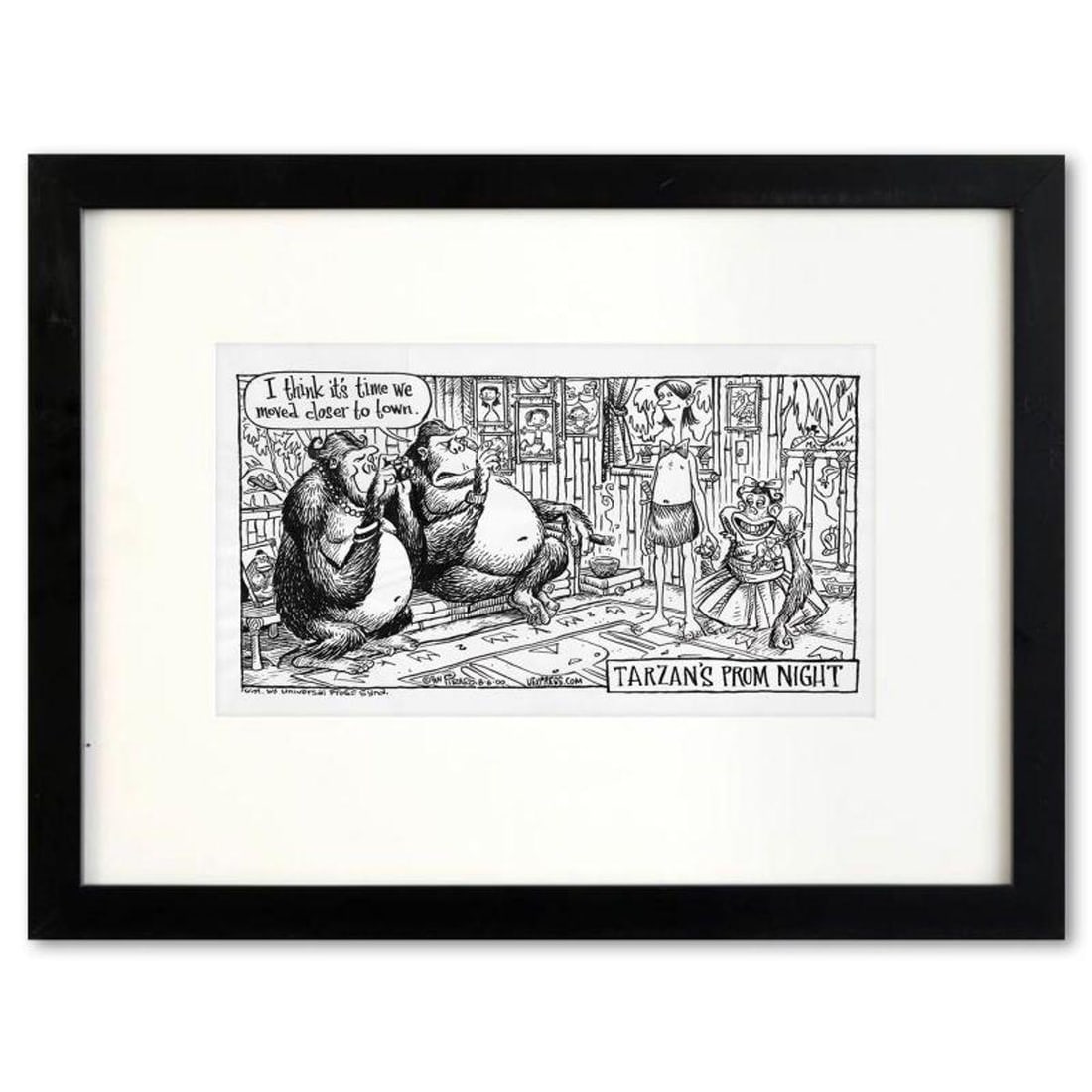 Bizarro, "Tarzan's Prom Night" is a Framed Original Pen & Ink Drawing by Dan Piraro, Hand Signed: Enter a surreal and satirical world of twisted imagination and award winning creativity. "Tarzan's Prom Night" is an original pen & ink drawing on paper by Dan Piraro, creator of the critically acclai