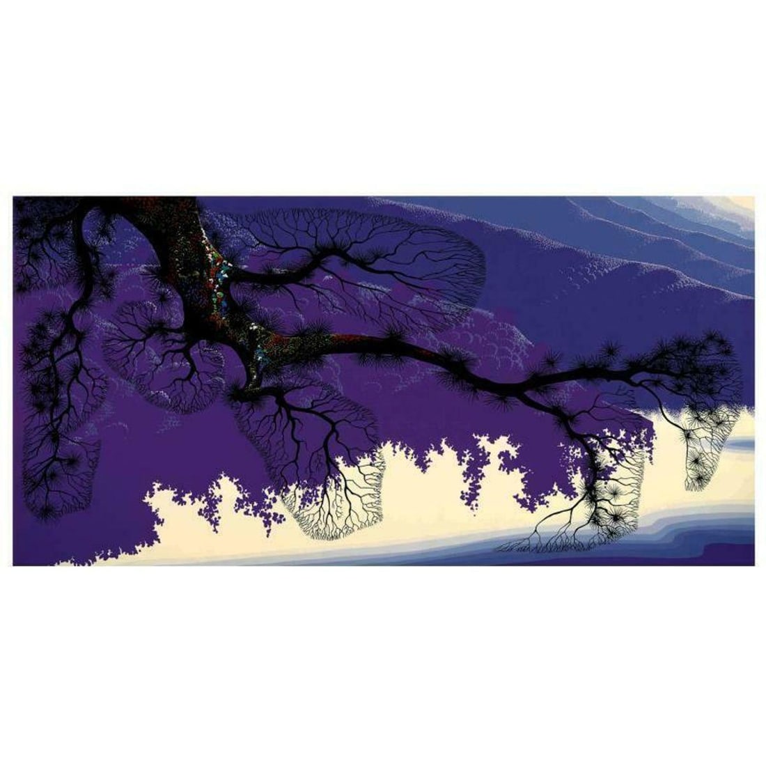 Eyvind Earle (1916-2000), "Purple Coastline" Limited Edition Serigraph on Paper; Numbered & Hand: Purple Coastline is a limited edition serigraph on paper by Eyvind Earle (1916-2000). The piece is numbered, hand-signed by the artist, and accompanied by a certificate of authenticity. Measures appro