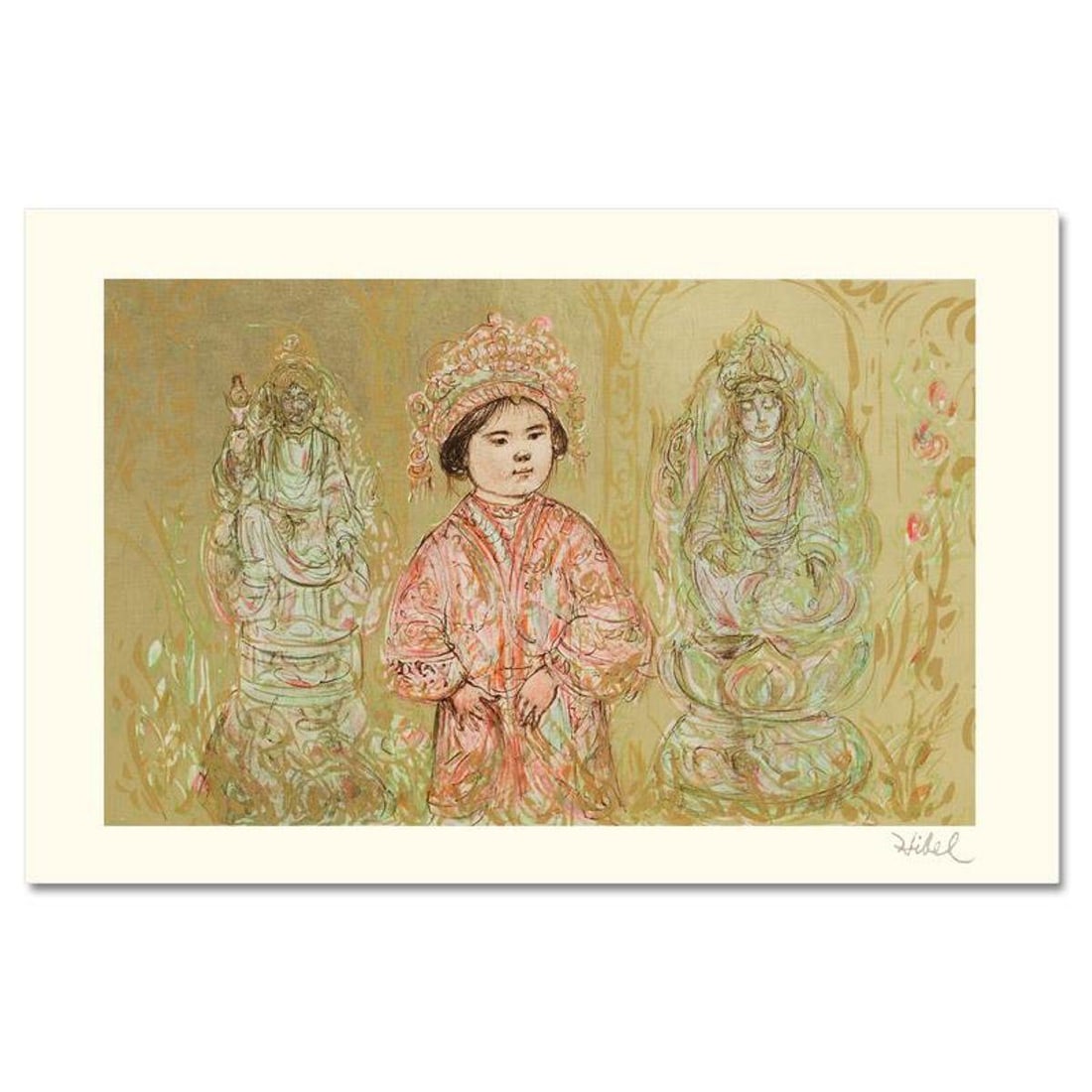 Willie and Two Quan Yins Limited Edition Lithograph by Edna Hibel, Numbered and Hand Signed with: Wild lines and muted colors make Edna Hibel's art stand out in any room. "Willie and Two Quan Yins" is a limited edition lithograph on paper, numbered and hand signed by Hibel. Includes Certificate of