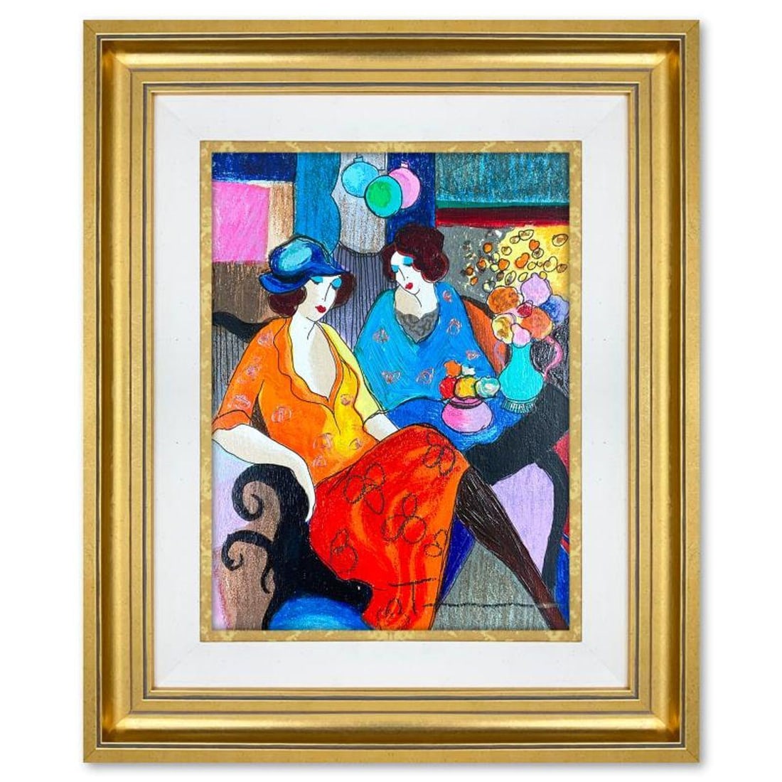 Itzchak Tarkay (1935-2012), "Chit Chat" Framed One-of-a-Kind Mixed Media Over Paint on Wood, Hand: Chit Chat is a one-of-a-kind mixed media over paint on wood by Itzchak Tarkay (1935-2012), hand signed by the artist. This piece comes custom framed. Includes Letter of Authenticity. Measures approx. 