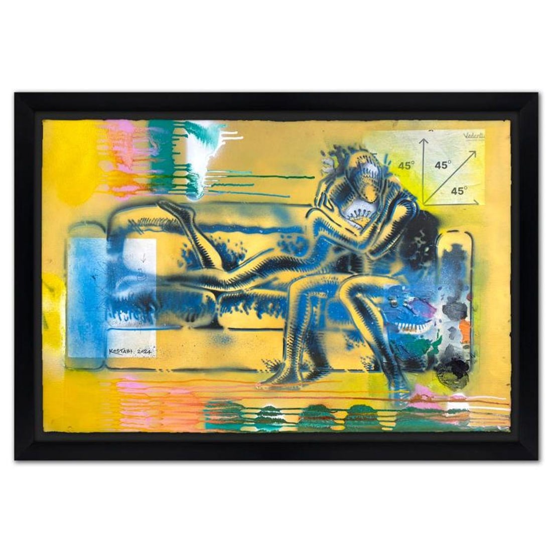 Mark Kostabi, "At a 45 Degree Angle to Eternity" Framed Original Mixed Media Painting, Hand Signed: At a 45 Degree Angle to Eternity is an original mixed media painting on paper by Mark Kostabi, hand signed by the artist. The piece comes framed. Includes Certificate of Authenticity. Measures approx.