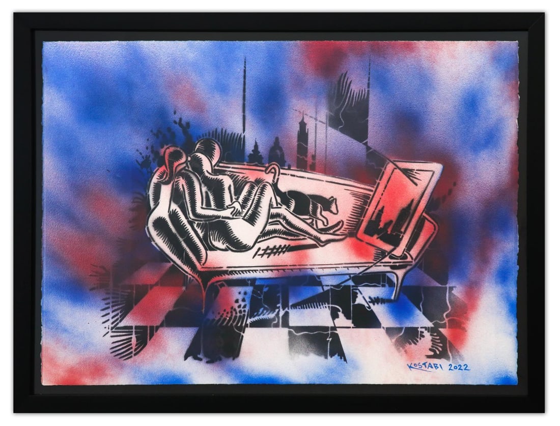 Mark Kostabi- Original Mixed Media on Paper "New Dimensions": Artist: Mark Kostabi. Medium: Original Mixed Media on Paper. Title: New Dimensions. Size: 30" x 42". Measures approx. 35" x 47" (framed). Signature: Hand Signed by the artist. Certificate of Authentic