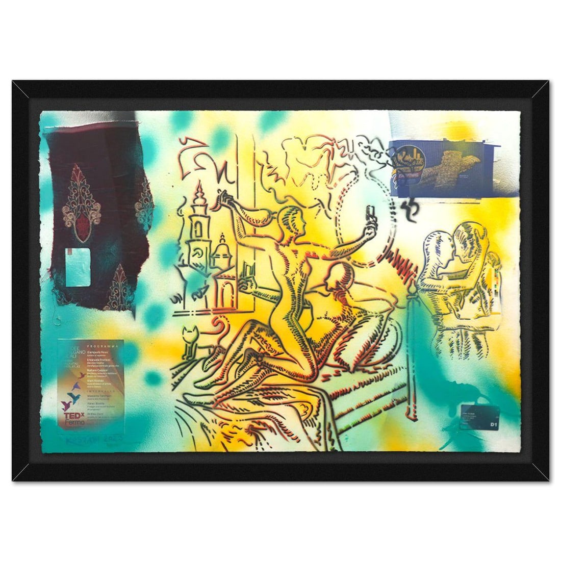 Mark Kostabi- Original Mixed Media on Paper "Dreaming Of Stardom": Artist: Mark Kostabi. Medium: Original Mixed Media on Paper. Title: Dreaming Of Stardom. Size: 29" x 42". Measures approx. 35" x 47" (framed). Signature: Hand signed. Certificate of Authenticity: Is i