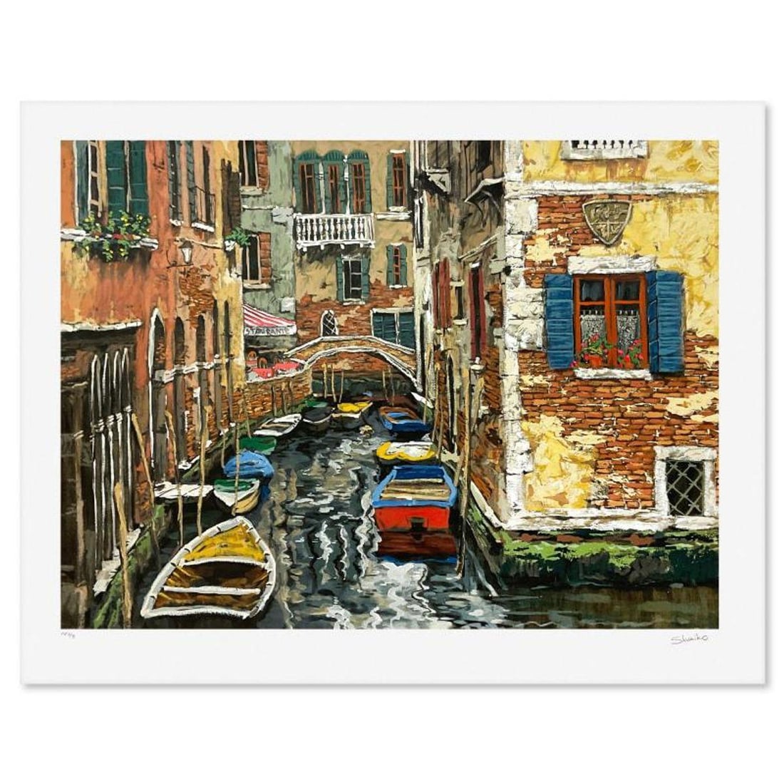 Viktor Shvaiko, "Boats of Venice (White)" Limited Edition Printer's Proof Serigraph (22.5" x 30"),: Boats of Venice (White) is a limited edition printer's proof serigraph on paper by Viktor Shvaiko, numbered and hand signed by the artist. Includes Letter of Authenticity. Measures approx. 27" x 34" (