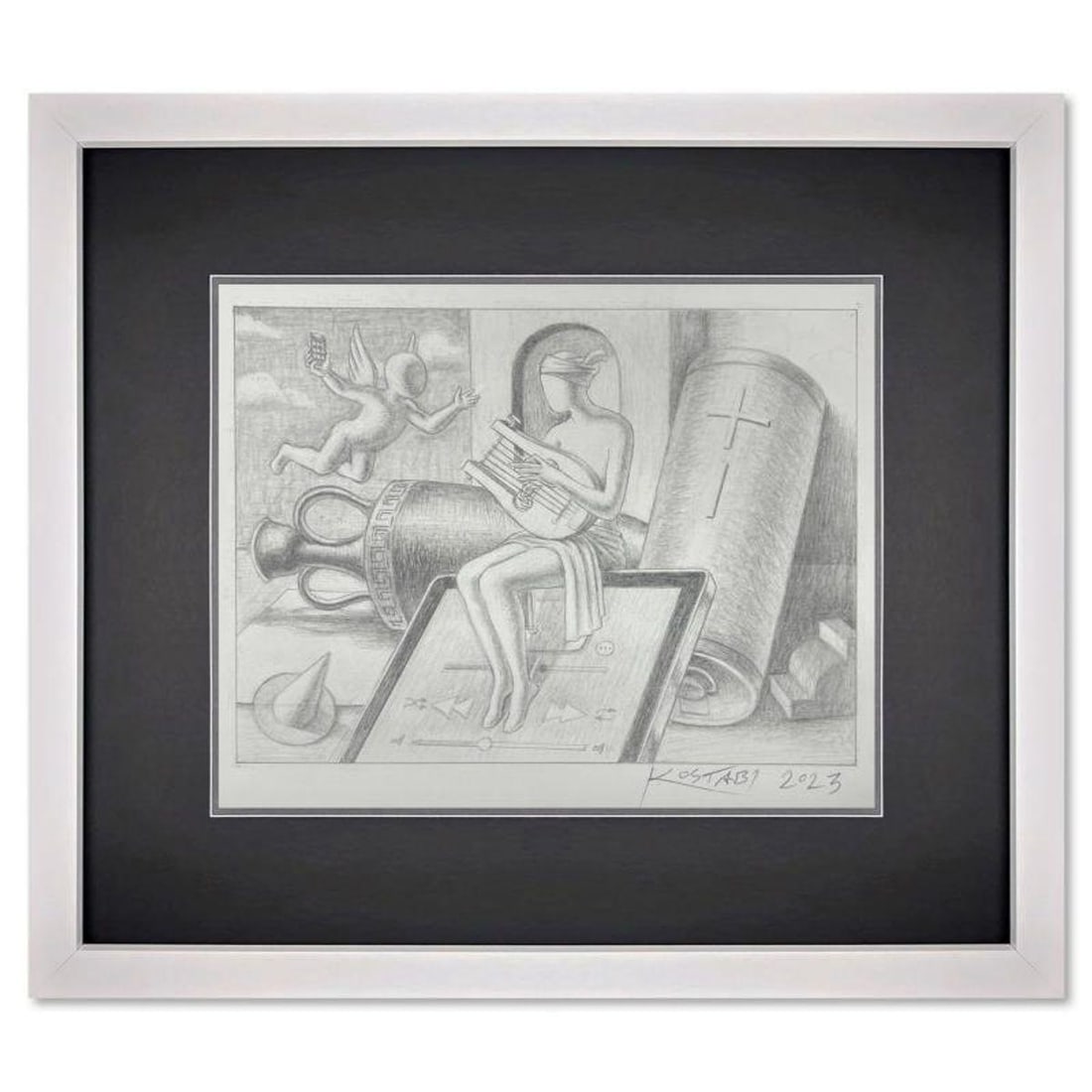 Mark Kostabi, "Sacred Illumination" Framed Original Drawing on Paper, Hand Signed with Certificate: Sacred Illumination is an original drawing on paper by Mark Kostabi, hand signed by the artist. This piece comes custom framed and includes a certificate of authenticity. Measures approximately 13.5" 