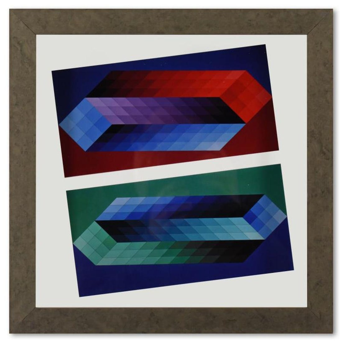Victor Vasarely (1908-1997), "Tridim (T, TT) de la serie Hommage A L'Hexagone" Framed 1971: Tridim (T, TT) de la serie Hommage A L'Hexagone is a heliogravure print on paper, published in 1971, by Victor Vasarely (1908-1997). This piece comes custom framed, with a letter of authenticity and w