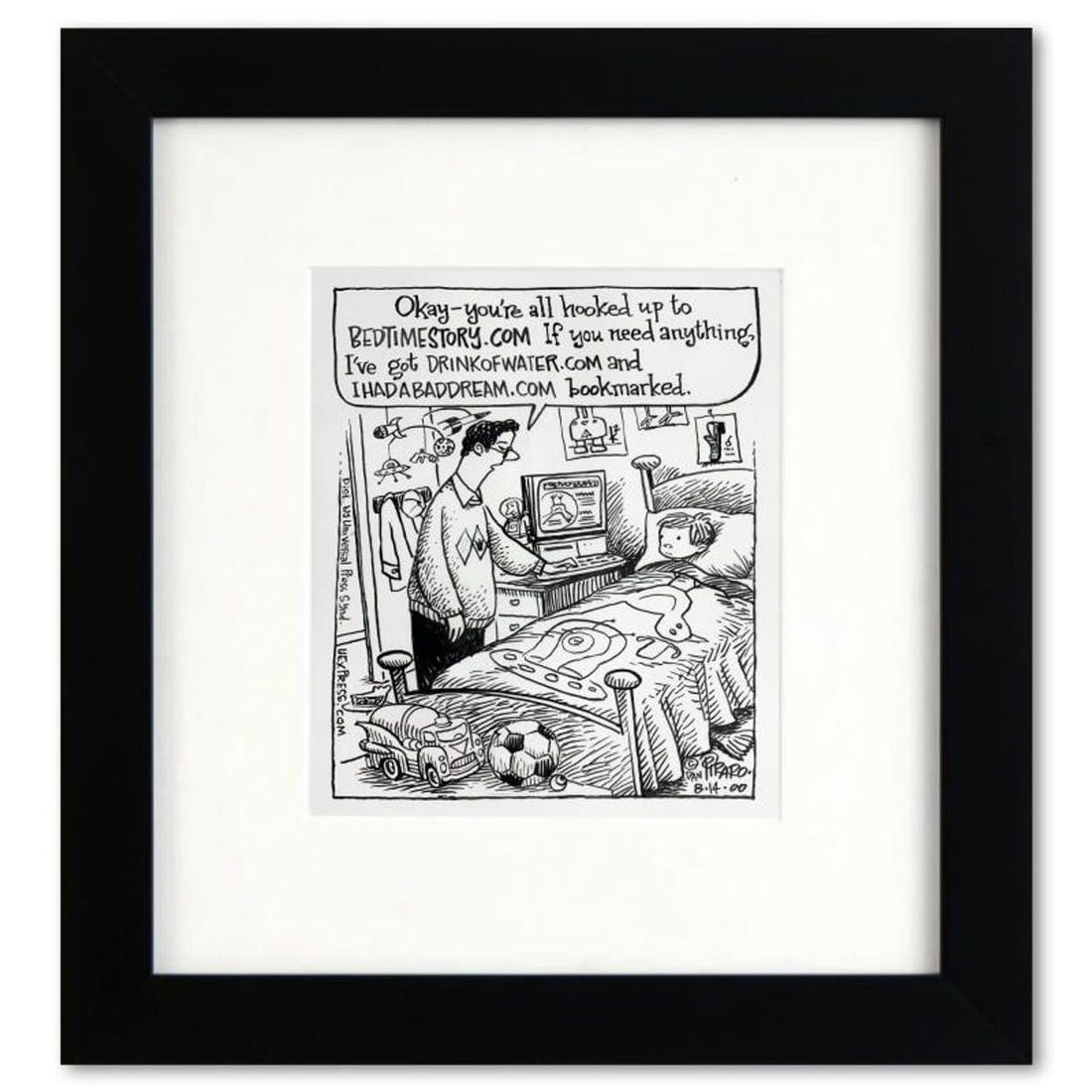 Bizarro, "Modern Bedtime" is a Framed Original Pen & Ink Drawing by Dan Piraro, Hand Signed with: Enter a surreal and satirical world of twisted imagination and award winning creativity. "Modern Bedtime" is an original pen & ink drawing on paper by Dan Piraro, creator of the critically acclaimed a