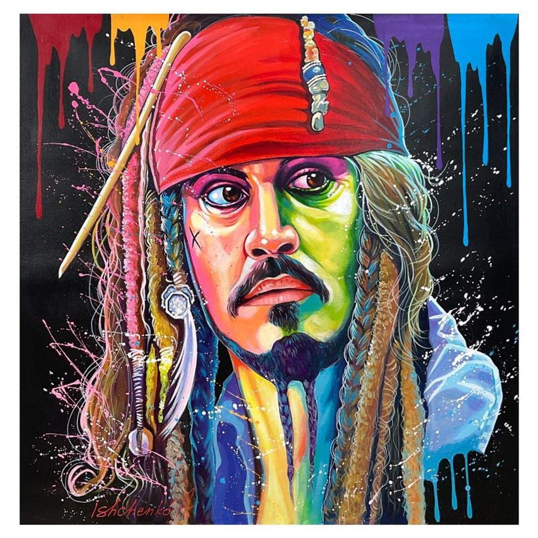 Alexander Ishchenko, "Jack Sparrow" Original Acrylic Painting on Canvas, Hand Signed with Letter: Jack Sparrow is an original acrylic painting on canvas by Alexander Ishchenko, hand signed by the artist. Includes Letter of Authenticity. Measures approx. 36" x 36" (image).