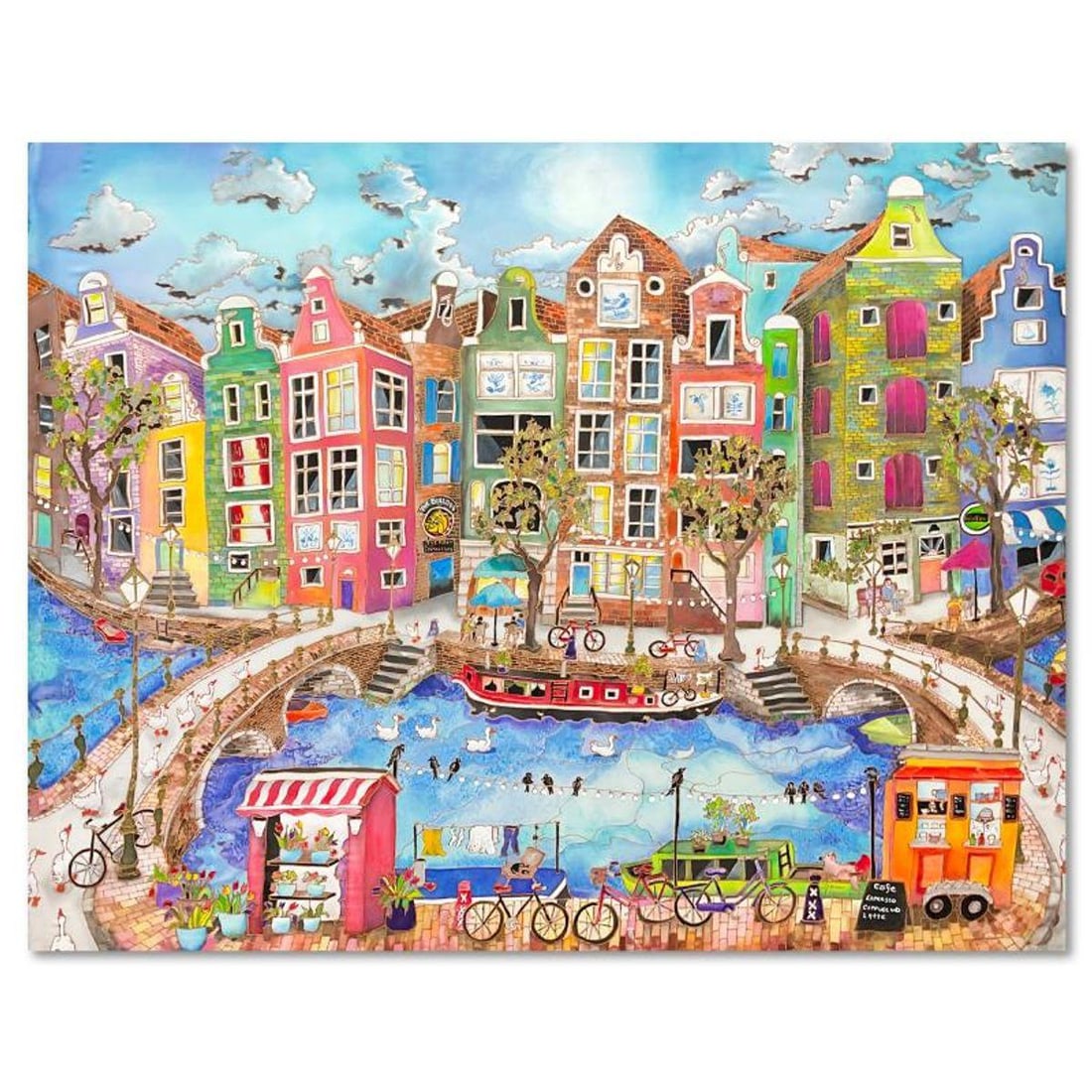 Linnea Pergola, "Amsterdam" Original Painting on Silk, Hand Signed with Letter of Authenticity.: Amsterdam is an original painting, mixed media on stretched silk, by Linnea Pergola. The piece is hand signed by the artist and comes with a letter of authenticity. Measures approximately 36" x 46".