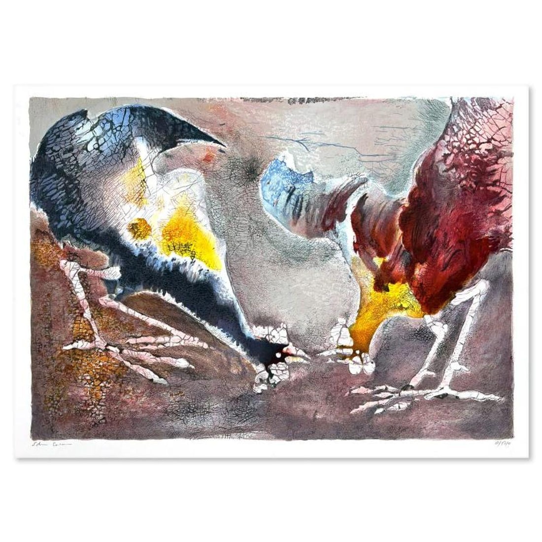 Edwin Salomon (1935-2014), "Two Roosters" Limited Edition Serigraph, Hand Signed and Numbered;: Two Roosters is a limited edition serigraph on paper by Edwin Salomon (1935-2014). The piece comes hand signed by the artist, numbered, and with a letter of authenticity. Measures approximately 19" x 