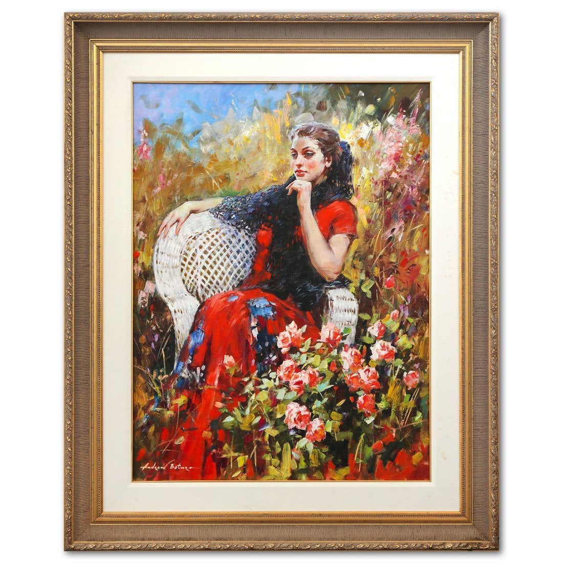 Andres Baturo- Original Oil on Canvas "Black Lace Shawl": Artist: Andres Baturo. Medium: Original Oil on Canvas. Title: Black Lace Shawl. Size: 39" x 29". Measures approx. 53" x 42" (framed). Signature: Hand Signed. Additional: Visible staining on the canvas