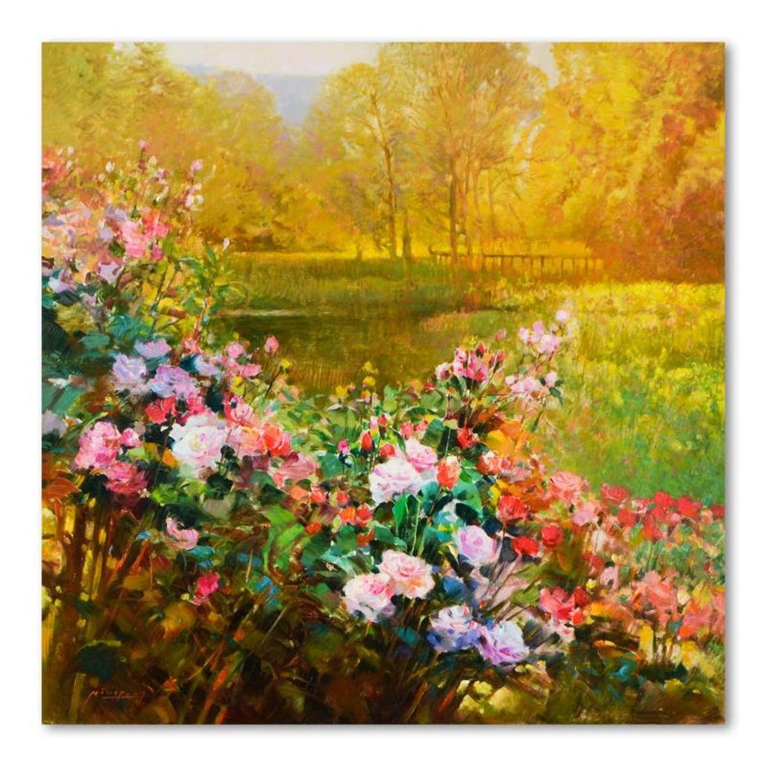 Ming Feng, "Fragrant Garden" Original Oil Painting on Canvas, Hand Signed with Letter of: Fragrant Garden is an original oil painting on stretched canvas by Ming Feng, hand signed by the artist. Includes Letter of Authenticity. Measures approx. 30" x 30" (image).