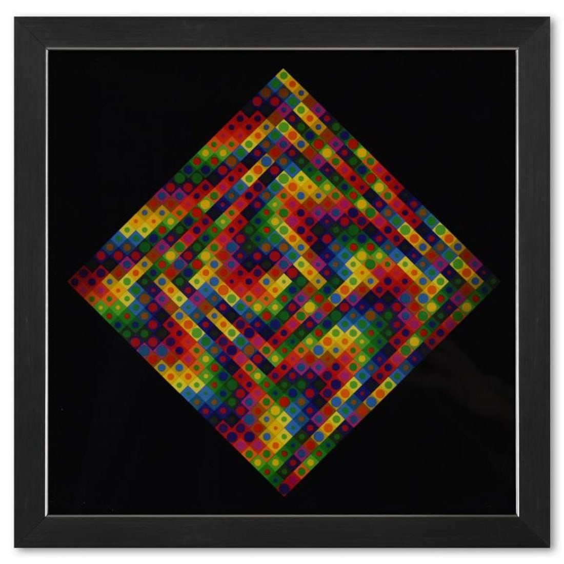 Victor Vasarely (1908-1997), "Majus de la serie Folklore Planetaire" Framed 1971 Heliogravure Print: Majus de la serie Folklore Planetaire is a heliogravure print on paper, published in 1971, by Victor Vasarely (1908-1997). This piece comes custom framed, with a letter of authenticity and with a 1976