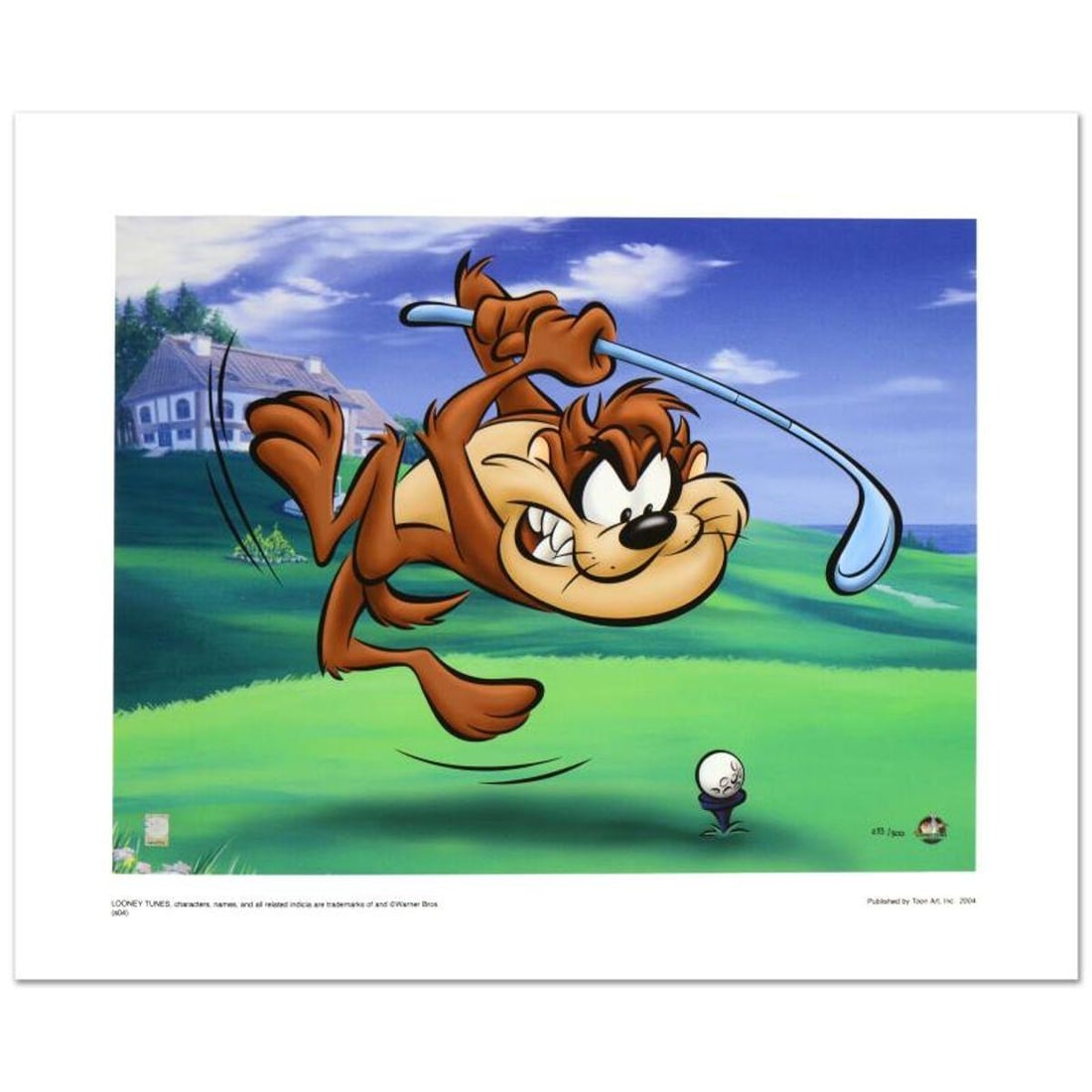 Taz Tee Off Limited Edition Giclee from Warner Bros., Numbered with Hologram Seal and Certificate of: Taz Tee Off is a limited edition giclee on paper from Warner Bros., numbered with hologram seal of Authenticity. Also, includes Certificate of Authenticity! Measures approx. 20" x 16" (with border), 1