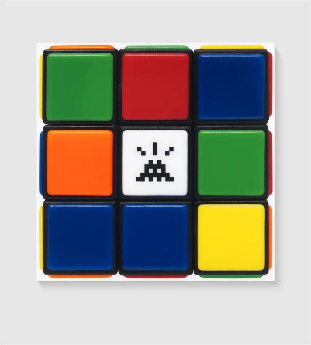 INVADER- Diasec-mounted Giclee on aluminium composite panel "Invaded Cube (NVDR1-1)": Artist: INVADER. Medium: Diasec-mounted Giclee on aluminium composite panel. Title: Invaded Cube (NVDR1-1). Size: 40" x 40". Signature: Numbered 116/459 and hand-signed on the label. Certificate of Au