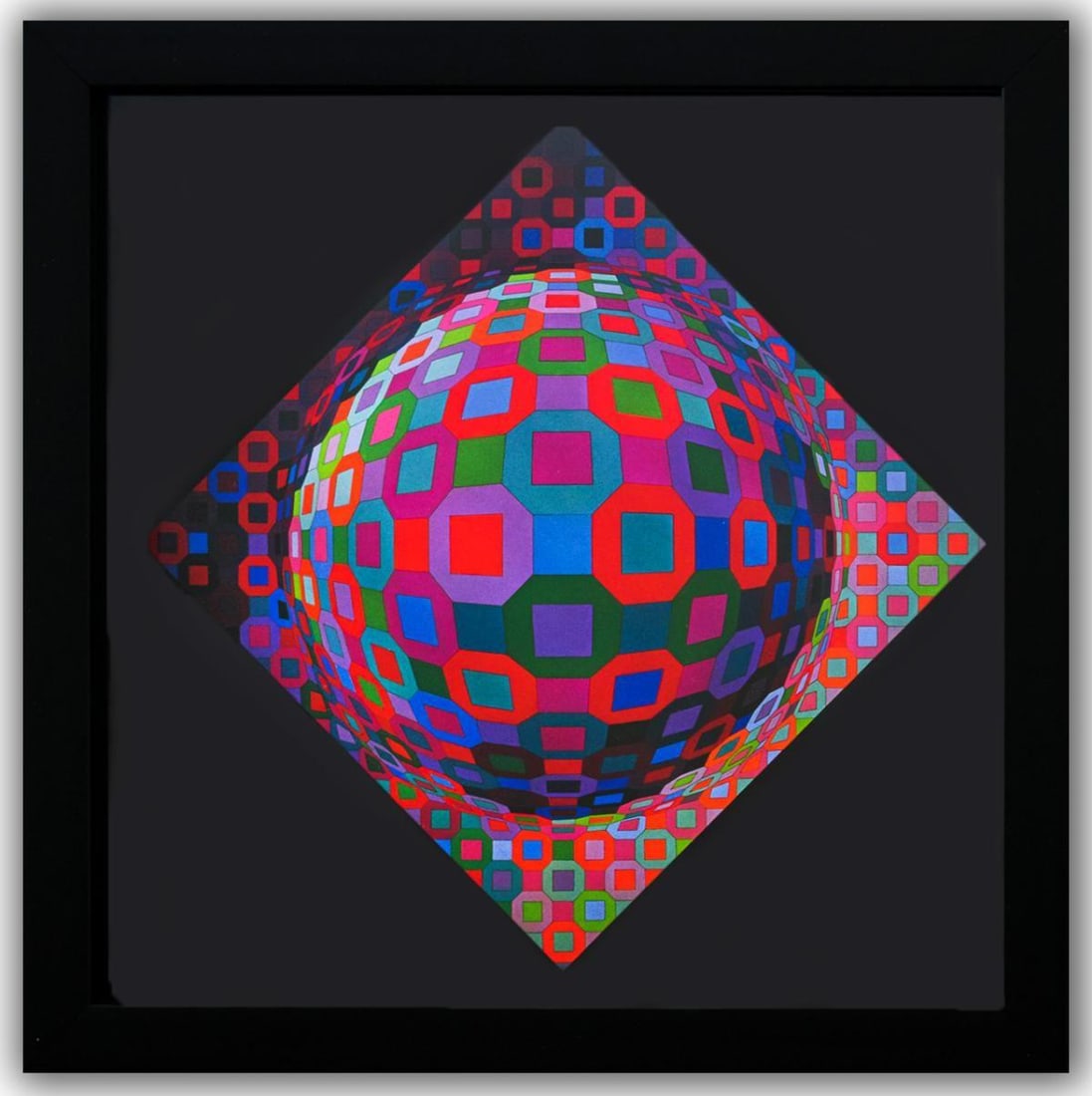 Victor Vasarely- Heliogravure Print "Planetary": Artist: Victor Vasarely. Medium: Heliogravure Print. Title: Planetary. Size: 10" x 10". Measures approx. 12" x 12" (framed). Additional: Custom Framed , 1975. Reference#: 21391.