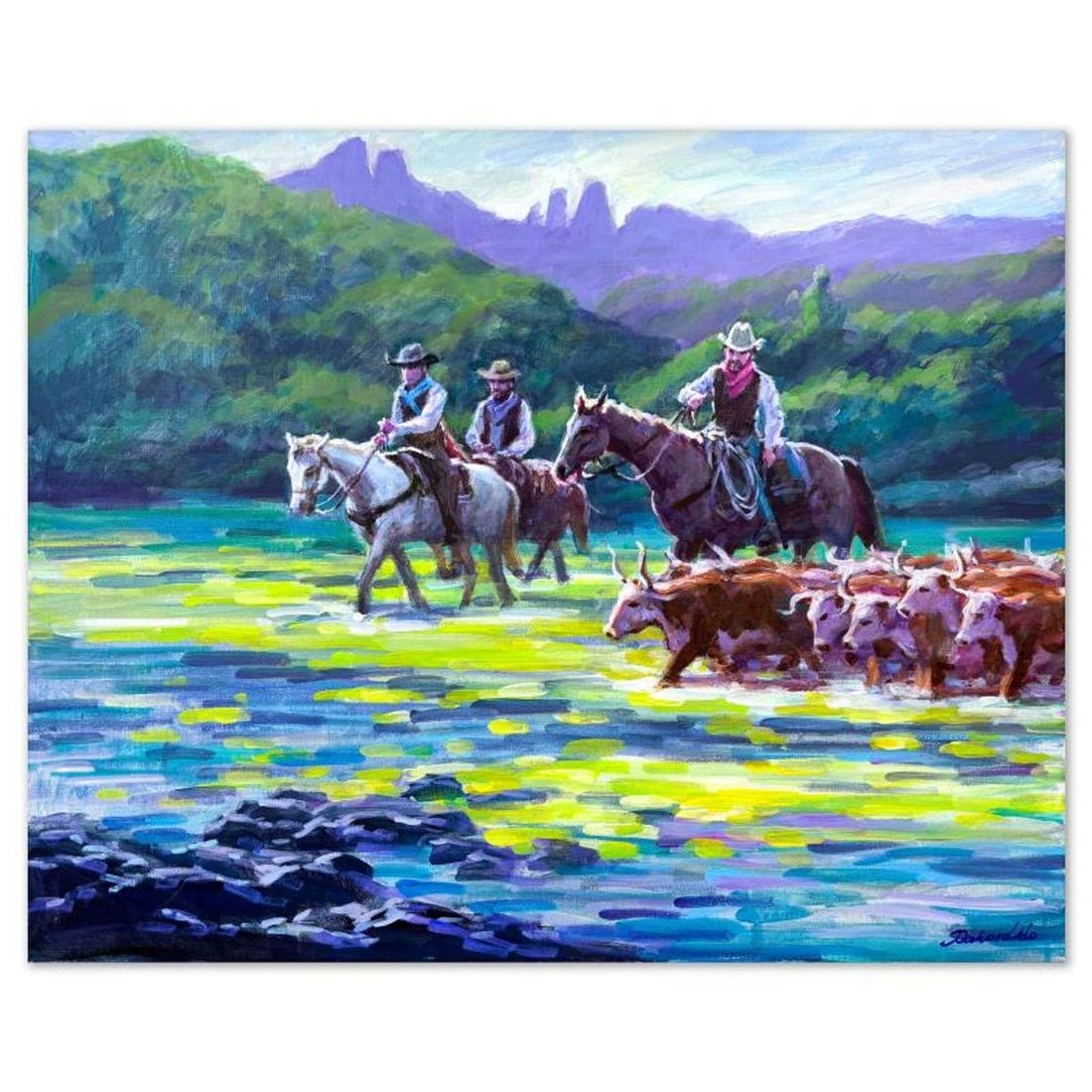 Richard Ho, "Cattle Crossing" Original Acrylic Painting on Canvas, Hand Signed with Letter of: Cattle Crossing is an original acrylic painting on stretched canvas by Richard Ho, hand signed by the artist. Includes Letter of Authenticity. Measures approx. 24" x 30" (image).