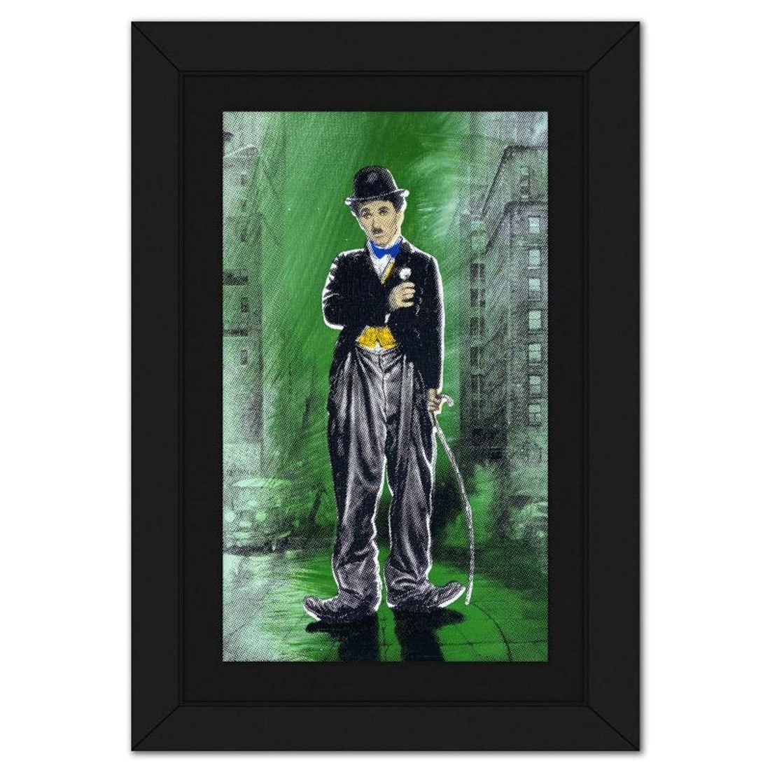 Steve Kaufman (1960-2010), "Charlie Chaplin II" Framed Hand Embellished Limited Edition Silscreen,: Charlie Chaplin II is a hand embellished limited edition silkscreen on canvas by Andy Warhol protege, Steve Kaufman (1960-2010), numbered 42/100 inverso and hand signed by the artist. This piece comes