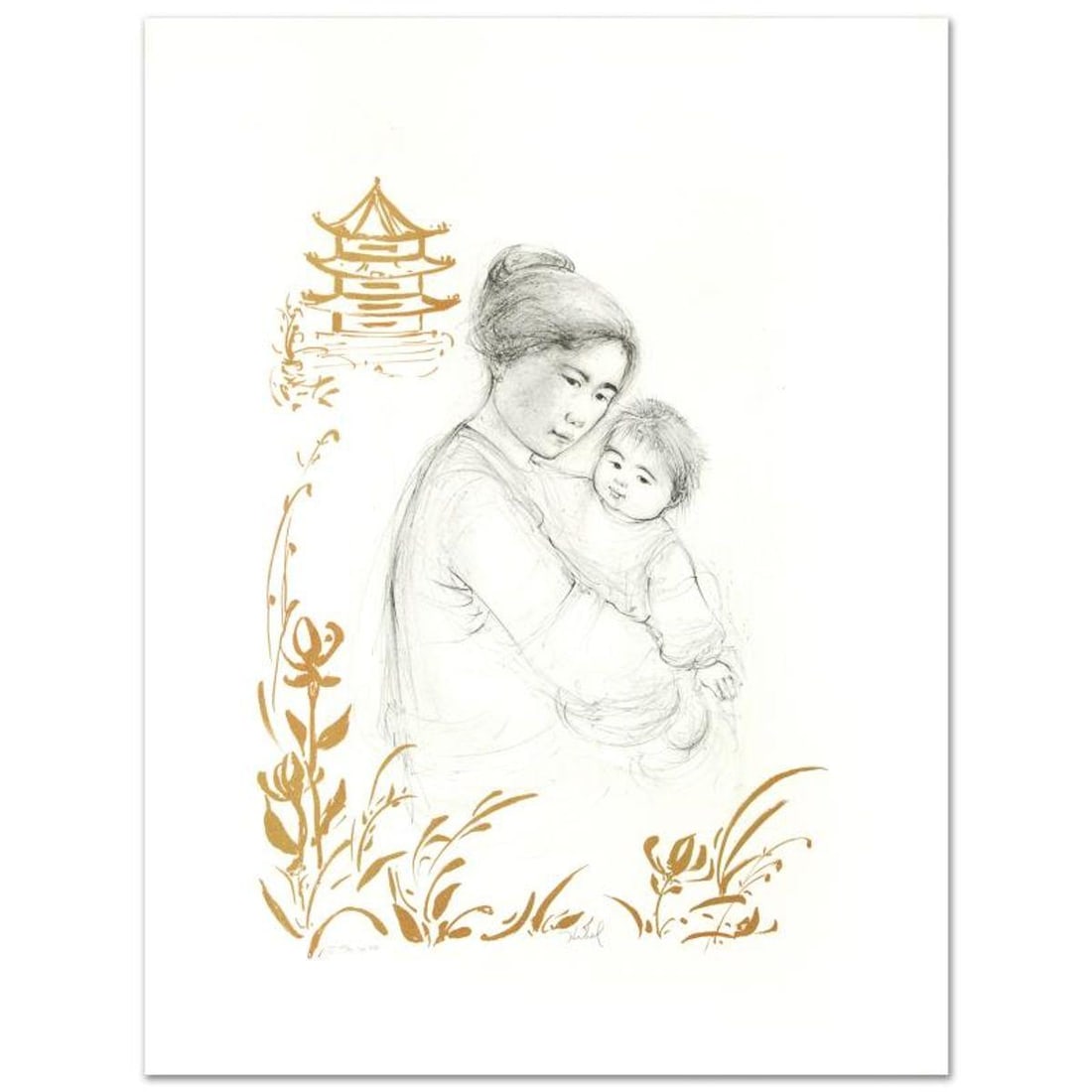 Lei Jeigiong and her Baby in the Garden of Yun-Tai Limited Edition Lithograph by Edna Hibel: Lei Jeigiong and her Baby in the Garden of Yun-Tai is a limited edition lithograph on paper, numbered and hand signed by Edna Hibel (1917-2014). Includes Certificate of Authenticity! Measures approx. 