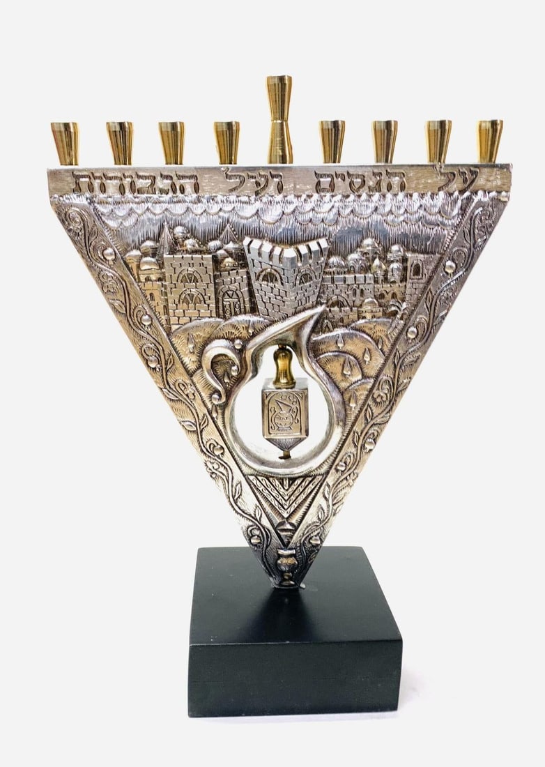 RAPHAEL ABECASSIS- 925 STERLING SILVER PLATED ON BASE "MENORAH": Artist: RAPHAEL ABECASSIS. Medium: 925 STERLING SILVER PLATED ON BASE. Title: MENORAH. Size: 12" x 10". Signature: Signed. Additional: Condition: this Item had small chip and was repaired , referred t