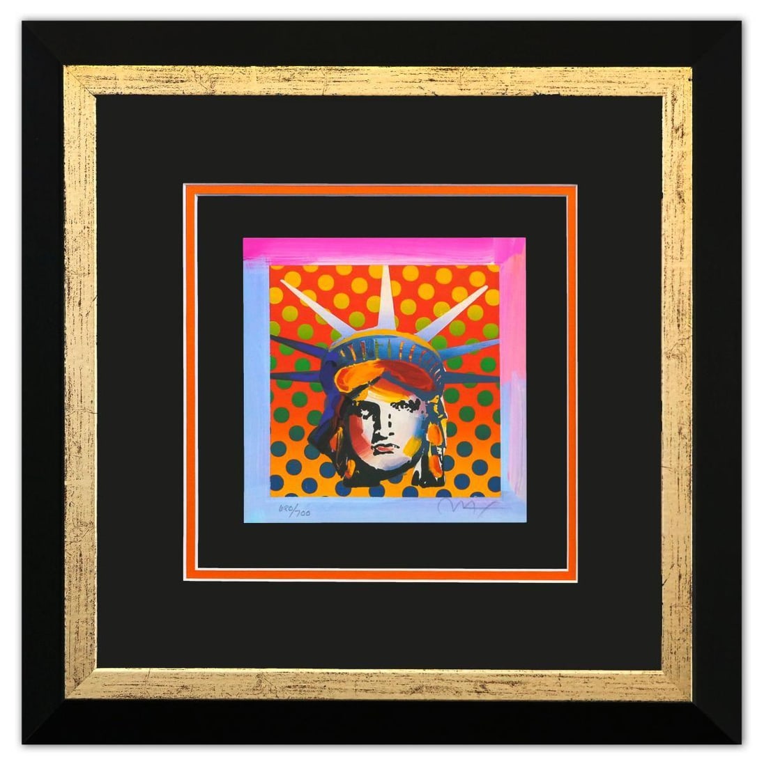 Peter Max- Original Lithograph "Liberty Head": Artist: Peter Max. Medium: Original Lithograph. Title: Liberty Head. Size: 7" x 7". Measures approx. 18" x 18" (framed). Signature: Hand Signed and Numbered by the artist. Certificate of Authenticity: