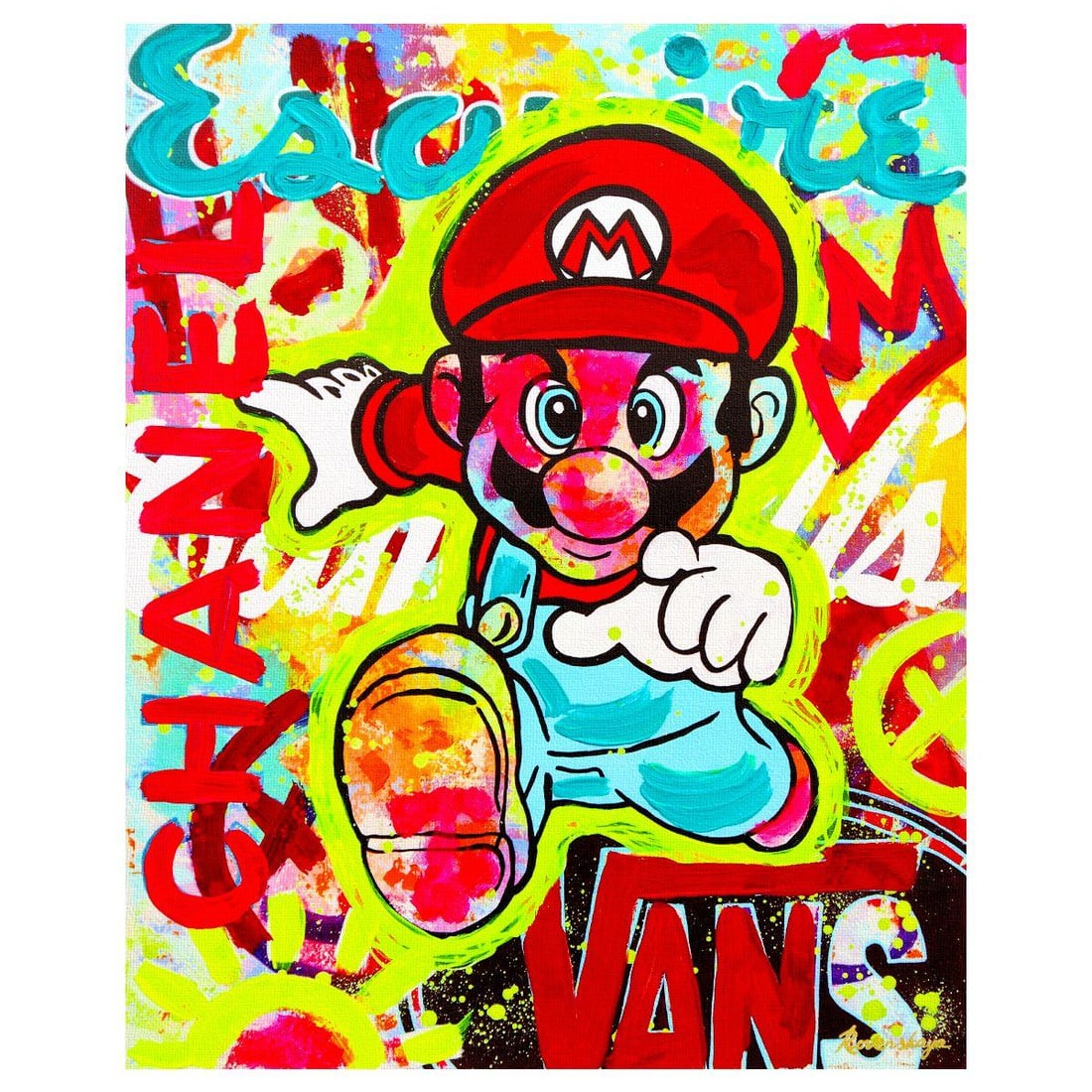 Nastya Rovenskaya- Mixed Media on Canvas "Super Mario's Urban Quest": Artist: Nastya Rovenskaya. Medium: Mixed Media on Canvas. Title: Super Mario's Urban Quest. Size: 20" x 16". Signature: Hand signed. Certificate of Authenticity: Is included. Reference#: 26344.