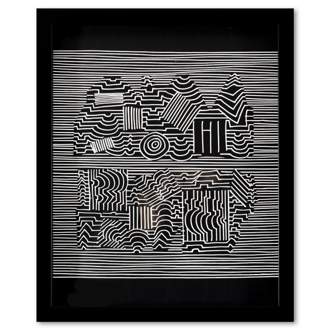 Victor Vasarely (1908-1997), "Naissances - II de la serie Ondulatoires" Framed 1973 Heliogravure: Naissances - II de la serie Ondulatoires is a heliogravure print on paper, published in 1973, by Victor Vasarely (1908-1997). This piece comes custom framed, with a letter of authenticity and with a 1
