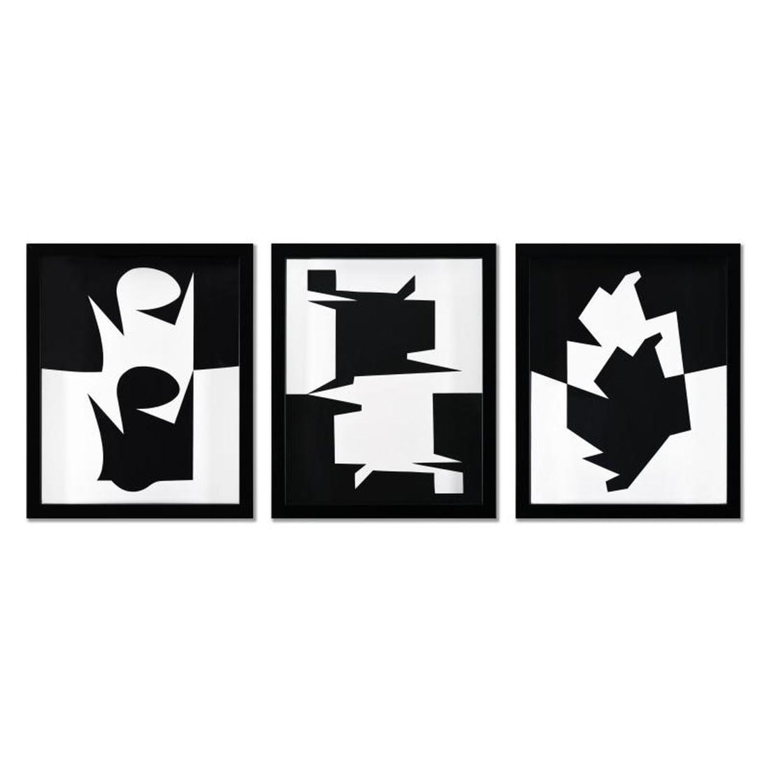 Victor Vasarely (1908-1997), "Ontil, Uzok, et Imbituba de la serie Etres Ou Fantomes (Triptych)": Ontil, Uzok, et Imbituba de la serie Etres Ou Fantomes (Triptych) is a set of heliogravure prints on paper, published in 1973, by Victor Vasarely (1908-1997). These pieces come custom framed, with a l
