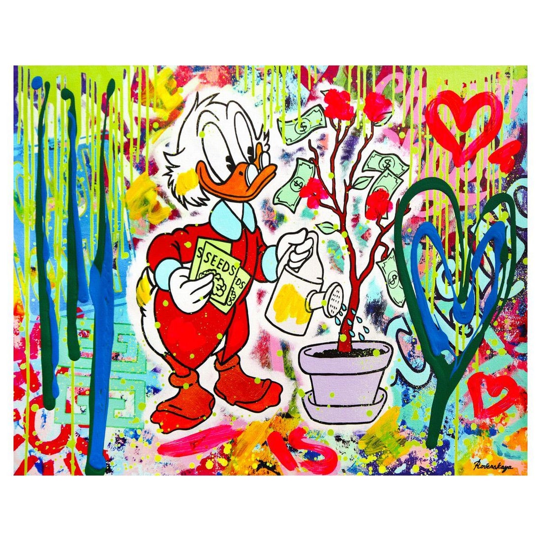Nastya Rovenskaya- Mixed Media on Canvas "Duck Tales of Love & Loo": Artist: Nastya Rovenskaya. Medium: Mixed Media on Canvas. Title: Duck Tales of Love & Loo. Size: 16" x 20". Signature: Hand signed. Certificate of Authenticity: Is included. Reference#: 49412.