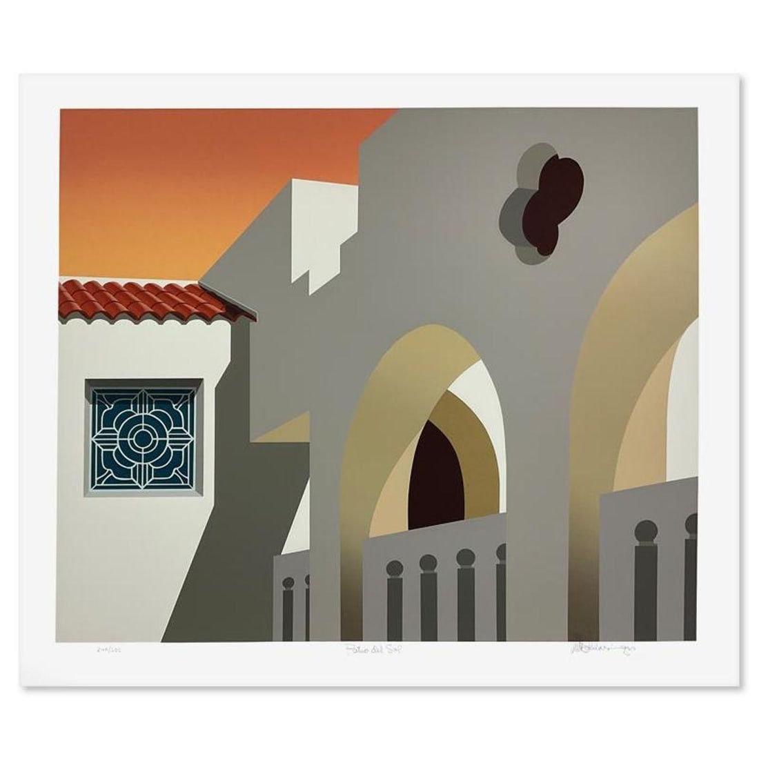 William Schlesinger (1915-2011), "Patio Del Sol" Limited Edition Serigraph, Numbered 240/285 and: Patio Del Sol is a limited edition serigraph on paper by William Schlesinger (1915-2011), numbered 240/285 and hand signed by the artist. Includes Letter of Authenticity. Measures approx. 30" x 26" (b