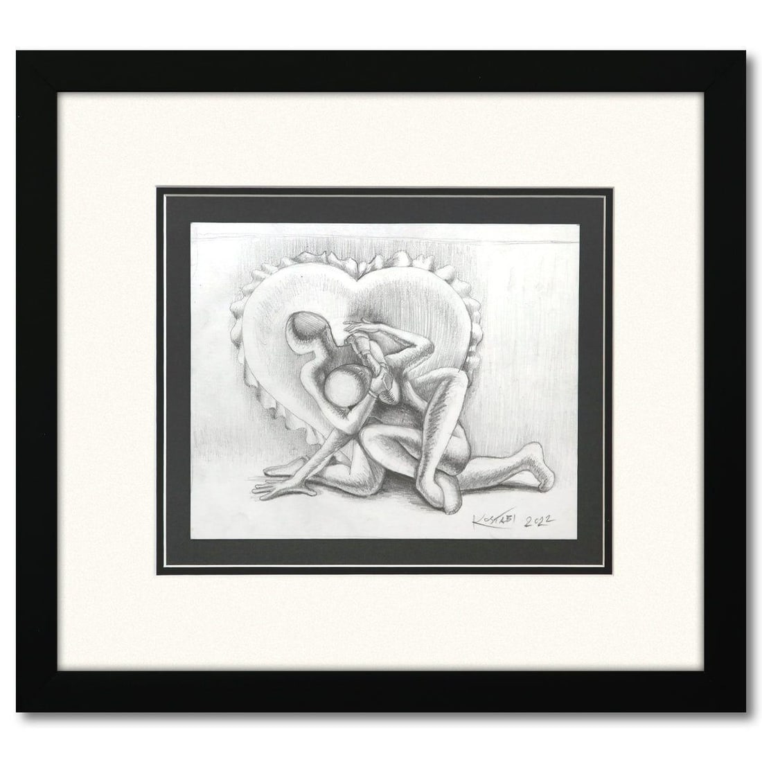 Mark Kostabi- Original Drawing on Paper "Squeeze Play": Artist: Mark Kostabi. Medium: Original Drawing on Paper. Title: Squeeze Play. Size: 8.5" x 10.5". Measures approx. 18" x 20" (framed). Signature: Hand signed by the artist. Certificate of Authenticity