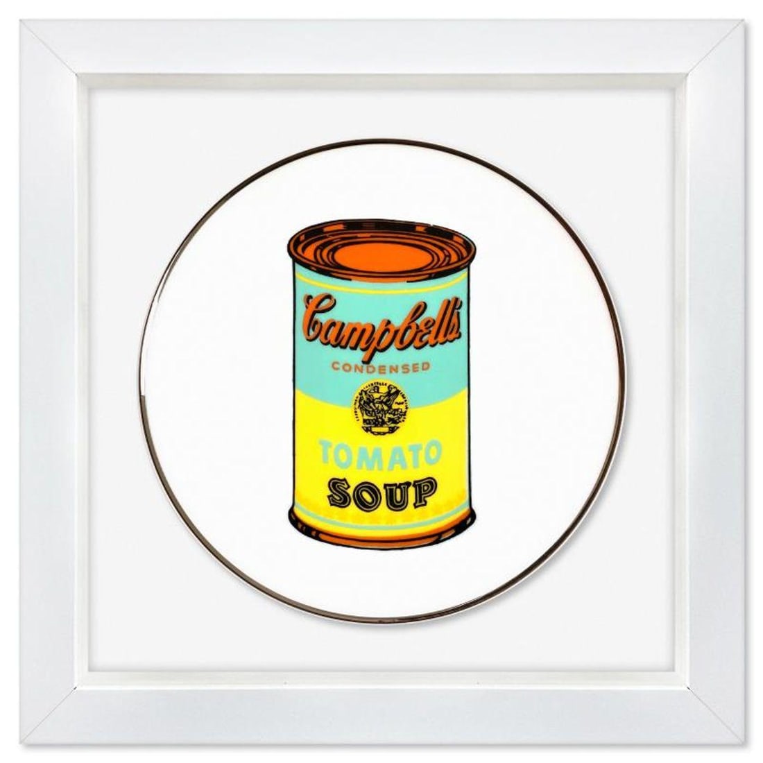Andy Warhol (1928-1987), "Campbell (Blue/Yellow)" Framed Limoges Porcelain Plate.: Campbell (Blue/Yellow) is a Limoges porcelain plate bearing the plate signature inverso of Andy Warhol (1928-1987). This plate is custom framed and floated on linen. Measures approx. 13.5" x 13.5" (fr