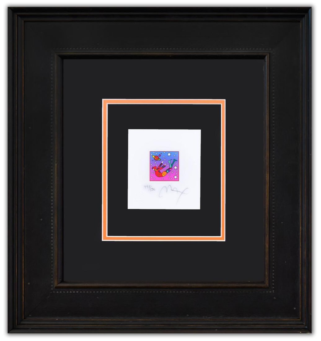 Peter Max- Original Lithograph "MIC FLYER IN SPACE VER II": Artist: Peter Max. Medium: Original Lithograph. Title: MIC FLYER IN SPACE VER II. Size: 5" x 4.5". Measures approx. 21" x 20" (framed). Signature: Hand Signed and Numbered by the artist. Certificate