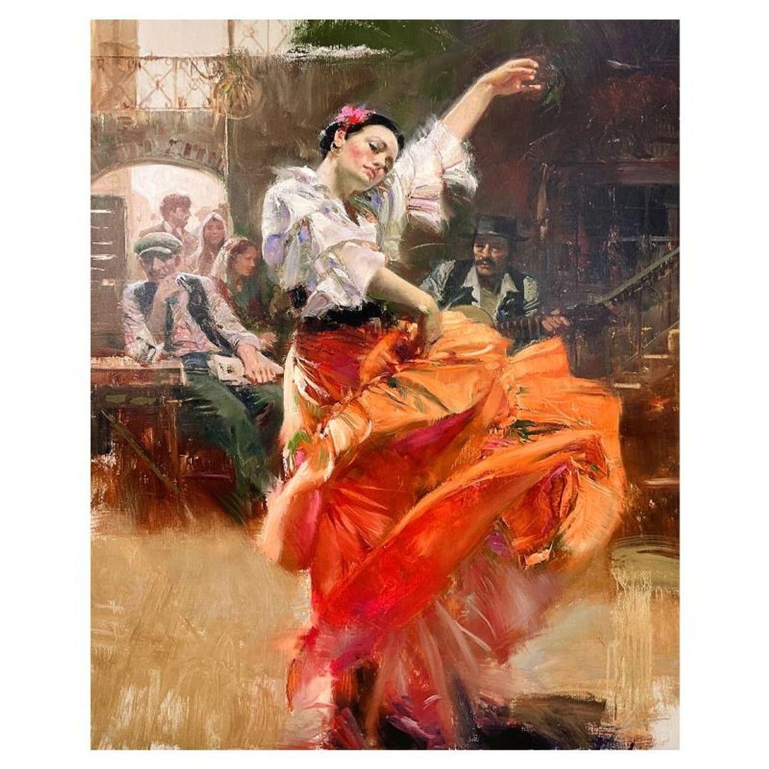 Pino (1939-2010), "Flamenco in Red" Limited Edition on Canvas, Numbered 75/295 and Hand Signed with: Flamenco in Red is a limited edition giclee on canvas by Pino (1939-2010), numbered 75/295 and hand signed by the artist. Includes Certificate of Authenticity. Measures approx. 46" x 36" (image).