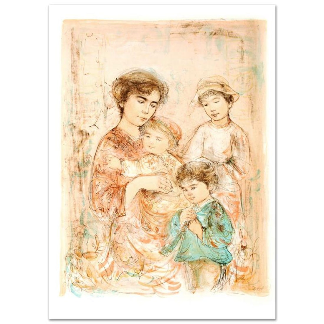 Lotte and Her Children Limited Edition Lithograph (27" x 37.5") by Edna Hibel (1917-2014), Numbered: Lotte and Her Children is a limited edition lithograph on paper, numbered and hand signed by Edna Hibel (1917-2014). Includes Certificate of Authenticity! Measures approx. 30" x 42" (with border),